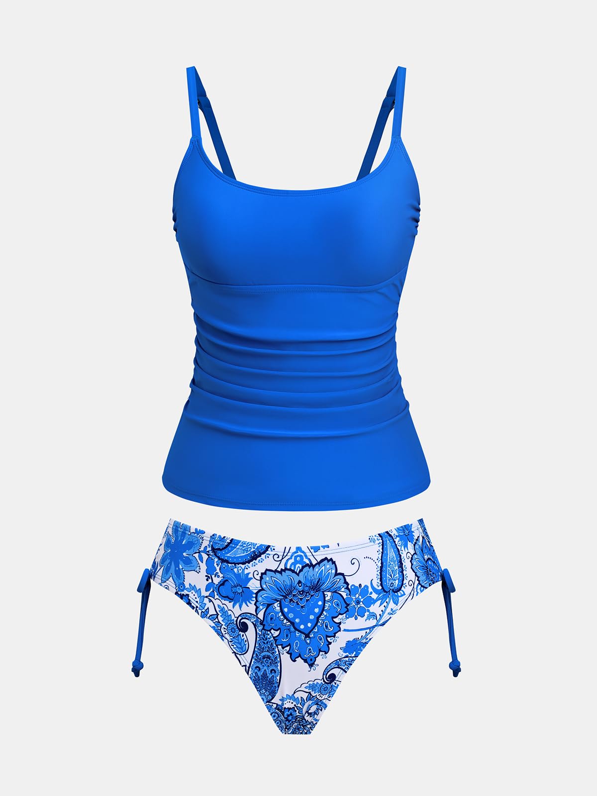 CUPSHE Women's Tankini Sets Two Piece Swimsuit Scoop Neck Ruched Adjustable Straps Drawstring Mid Rise