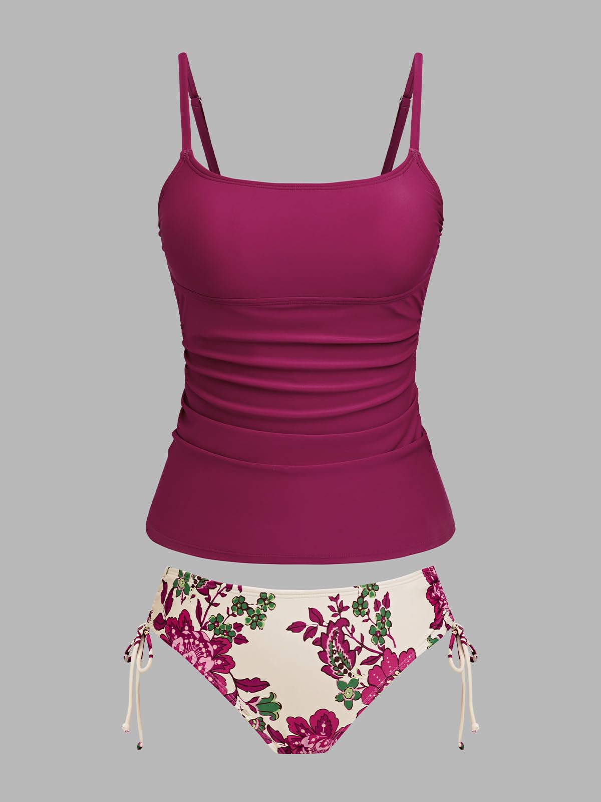 CUPSHE Women's Tankini Sets Two Piece Swimsuit Scoop Neck Ruched Adjustable Straps Drawstring Mid Rise