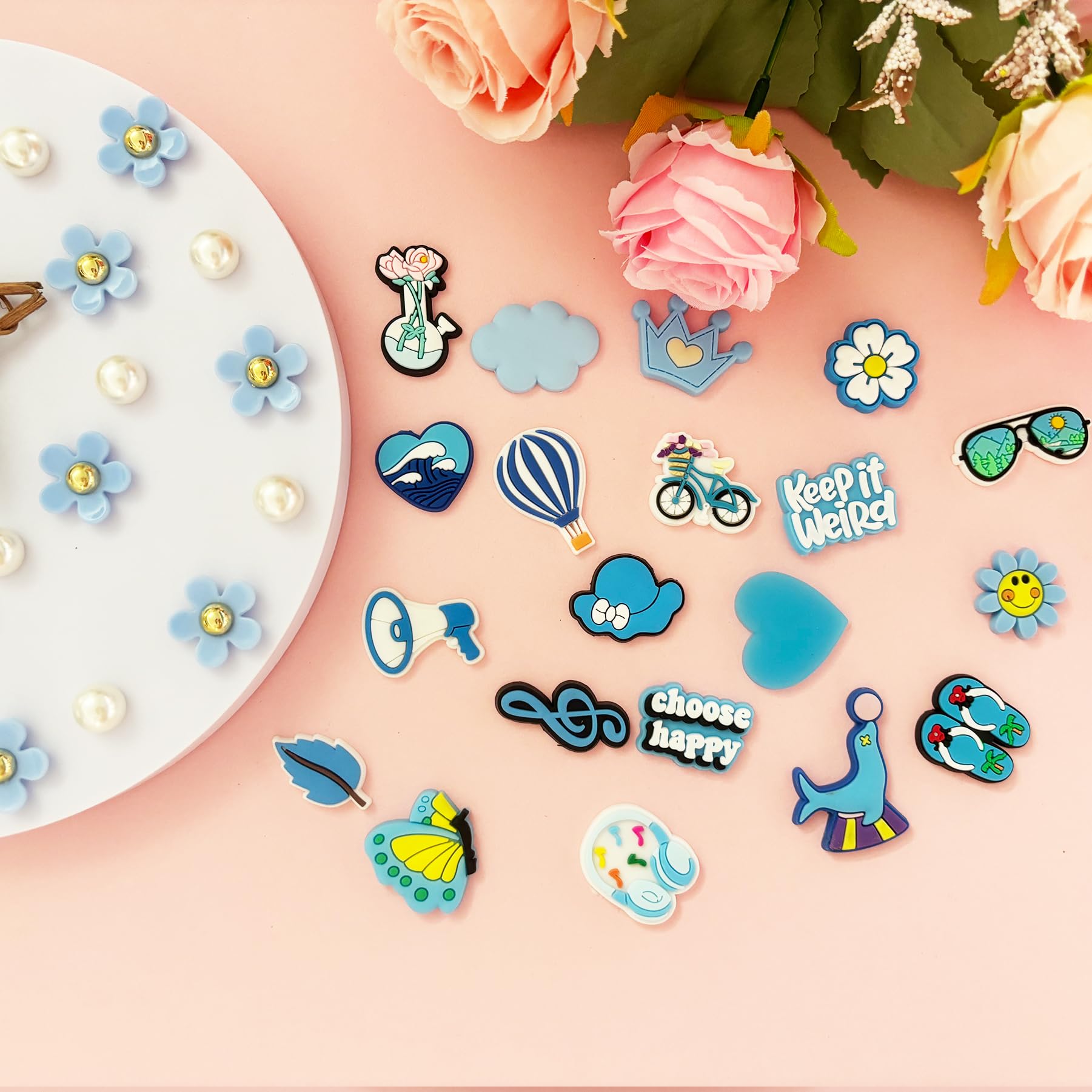 Cute Flower Shoe Charms for Girls, 34Pcs Pink Hippie PVC Shoe Decoration Charms for Clog Sandals, DIY Pearl Accessories for Party Favor