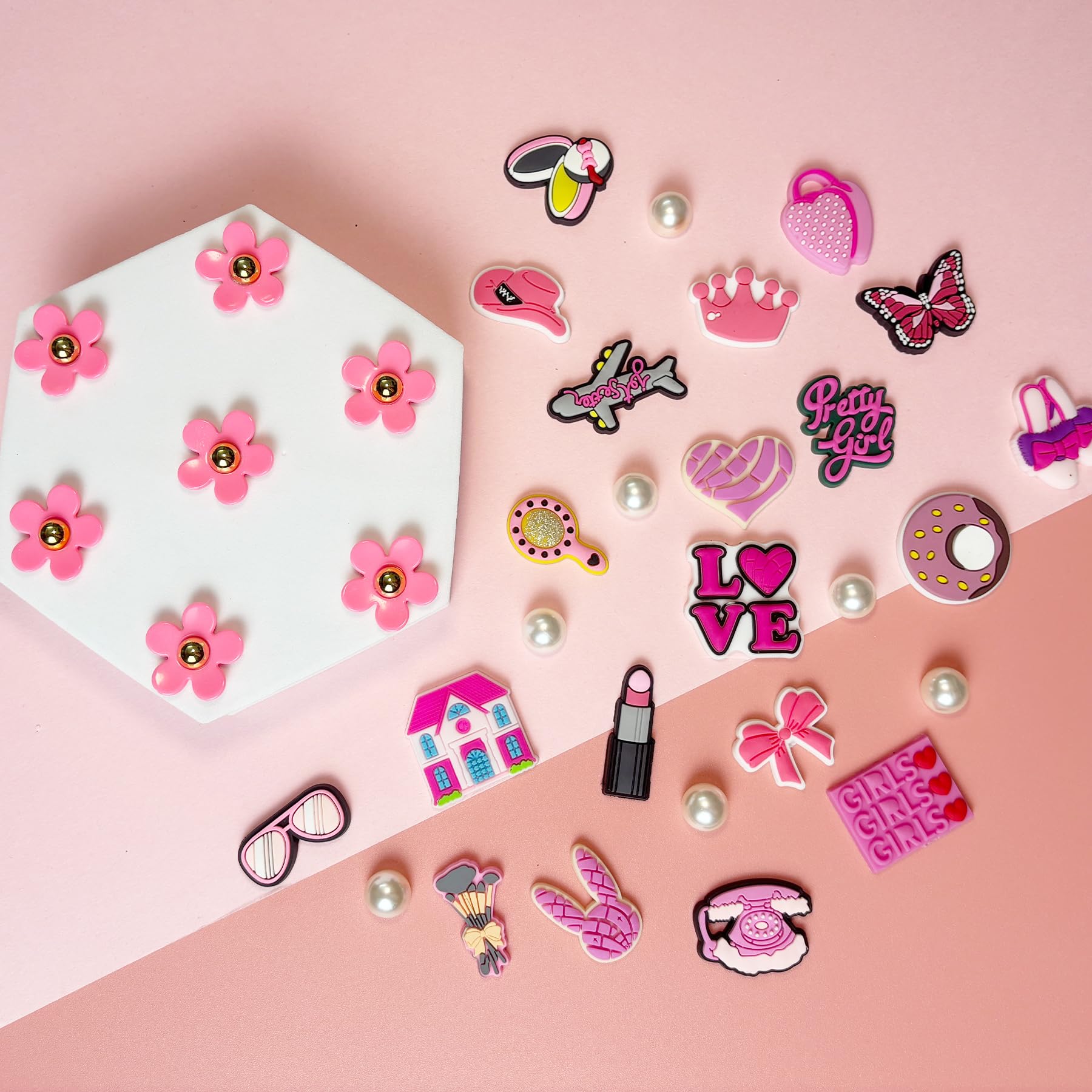 Cute Flower Shoe Charms for Girls, 34Pcs Pink Hippie PVC Shoe Decoration Charms for Clog Sandals, DIY Pearl Accessories for Party Favor