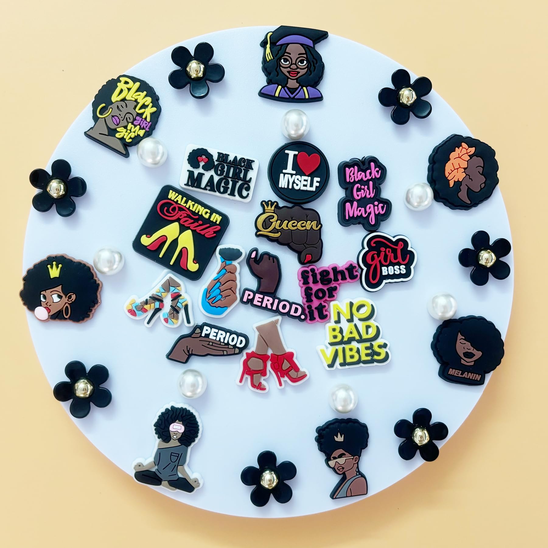 Cute Flower Shoe Charms for Girls, 34Pcs Pink Hippie PVC Shoe Decoration Charms for Clog Sandals, DIY Pearl Accessories for Party Favor