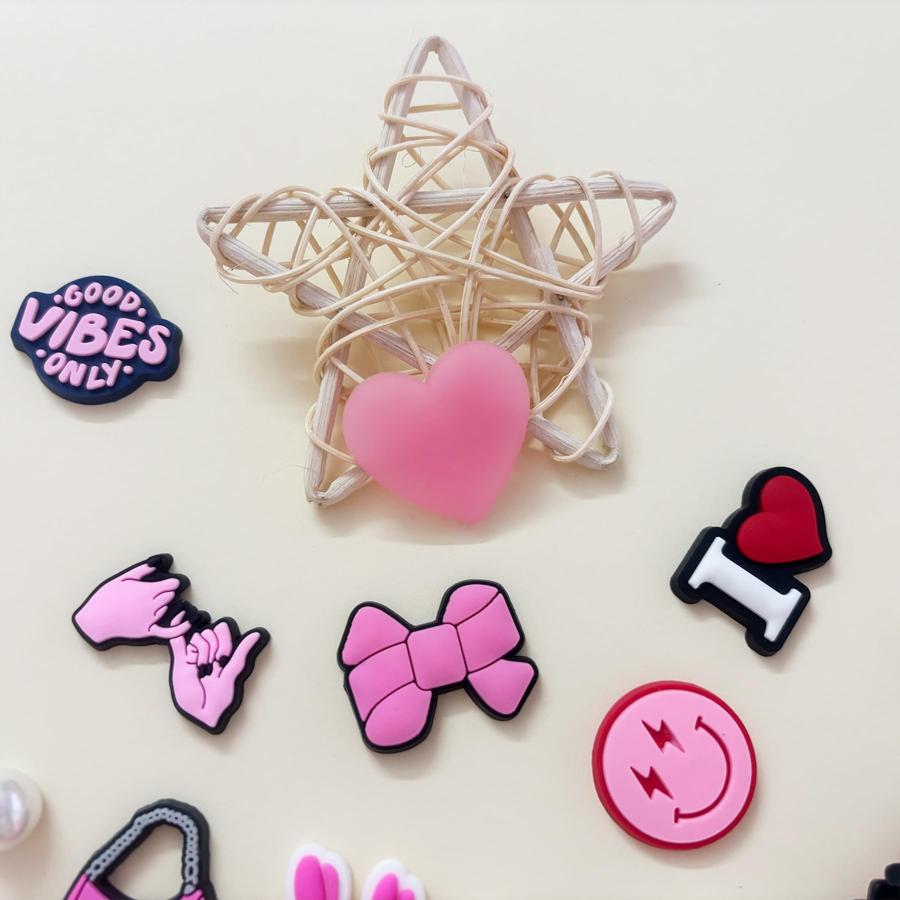 Cute Flower Shoe Charms for Girls, 34Pcs Pink Hippie PVC Shoe Decoration Charms for Clog Sandals, DIY Pearl Accessories for Party Favor