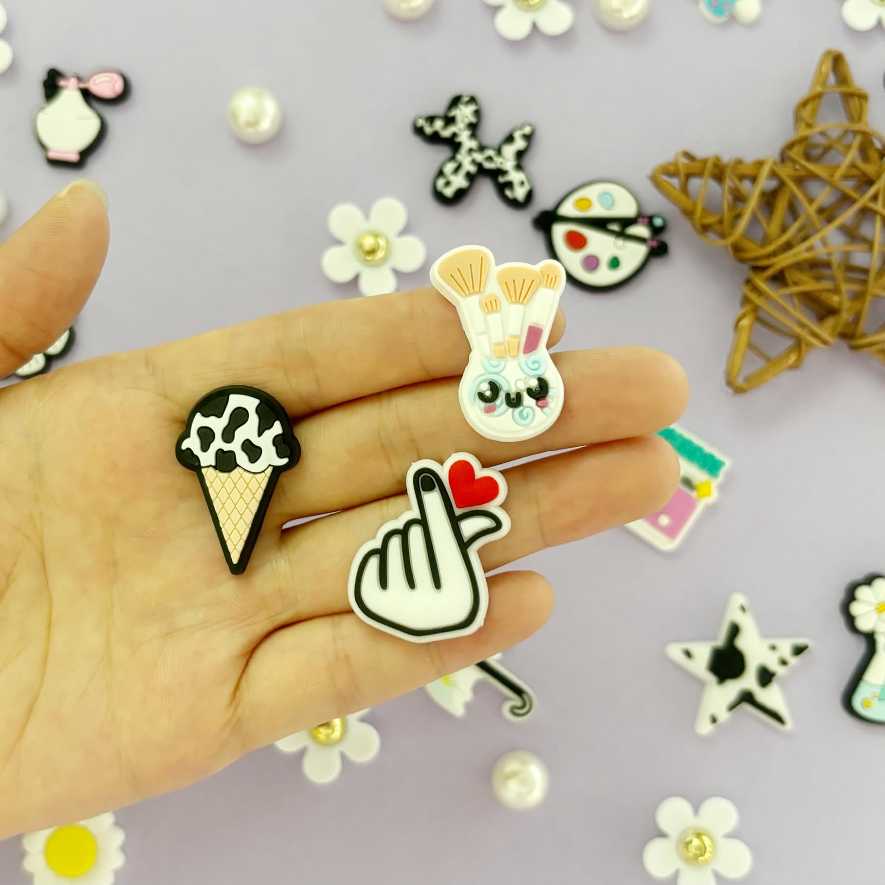 Cute Flower Shoe Charms for Girls, 34Pcs Pink Hippie PVC Shoe Decoration Charms for Clog Sandals, DIY Pearl Accessories for Party Favor