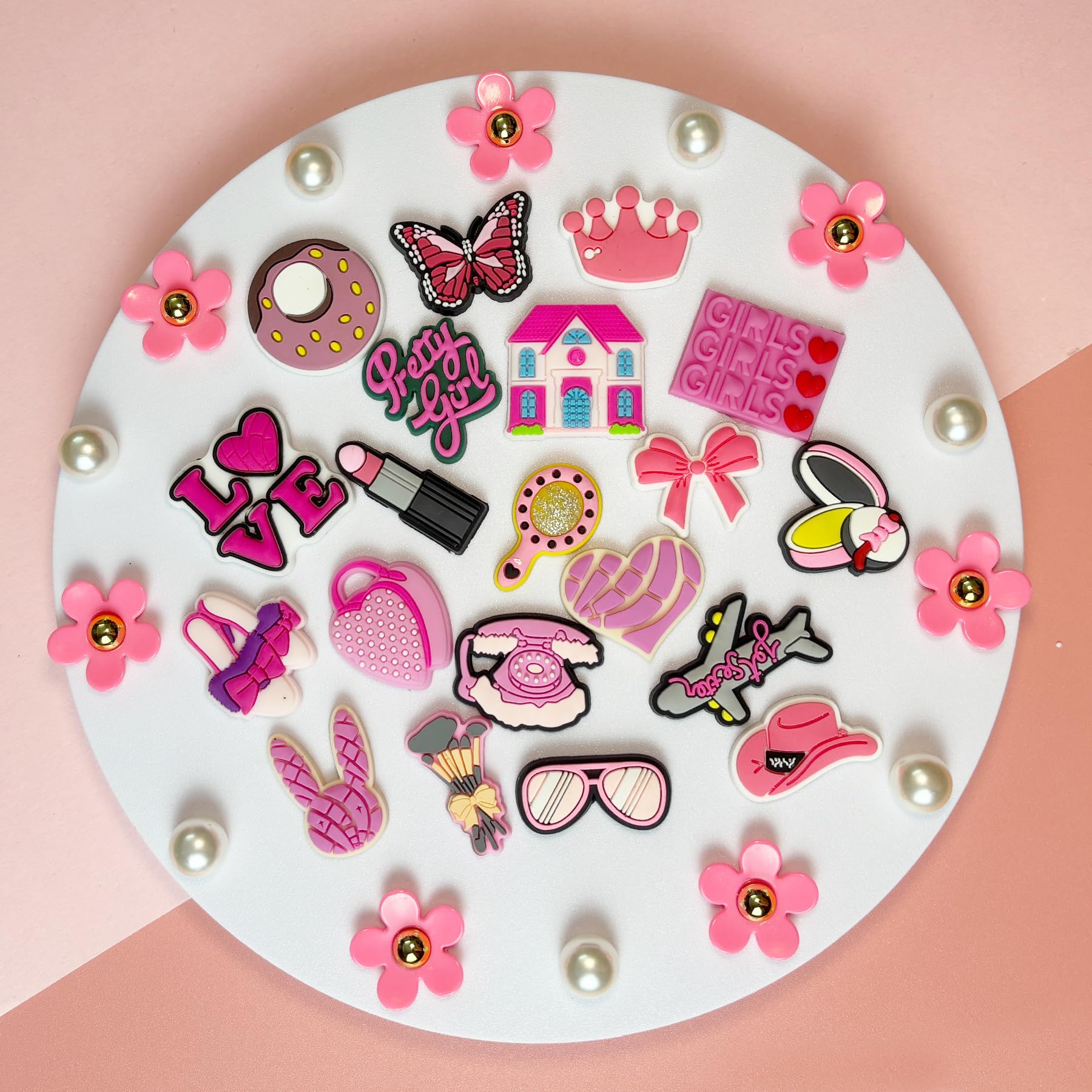 Cute Flower Shoe Charms for Girls, 34Pcs Pink Hippie PVC Shoe Decoration Charms for Clog Sandals, DIY Pearl Accessories for Party Favor