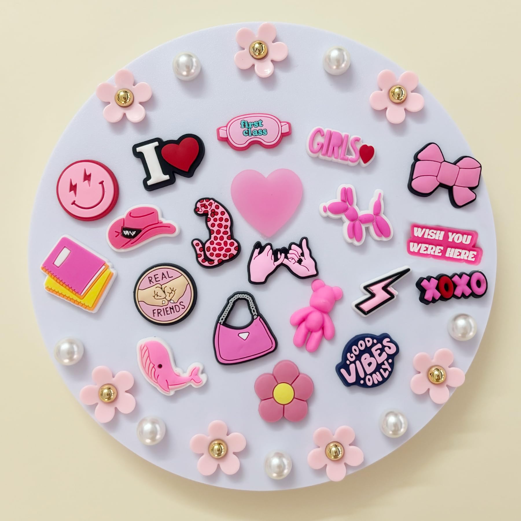 Cute Flower Shoe Charms for Girls, 34Pcs Pink Hippie PVC Shoe Decoration Charms for Clog Sandals, DIY Pearl Accessories for Party Favor