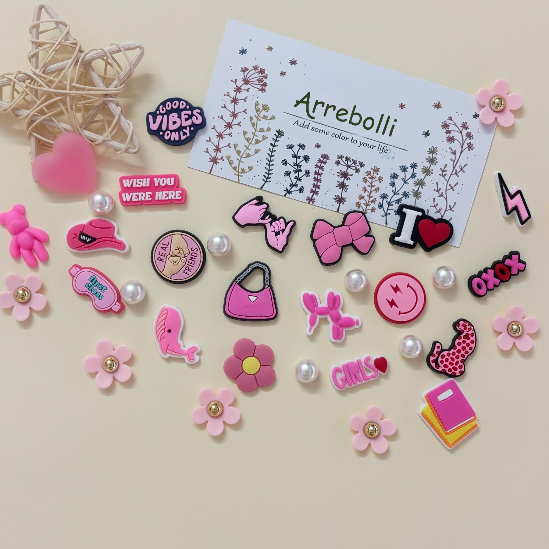 Cute Flower Shoe Charms for Girls, 34Pcs Pink Hippie PVC Shoe Decoration Charms for Clog Sandals, DIY Pearl Accessories for Party Favor