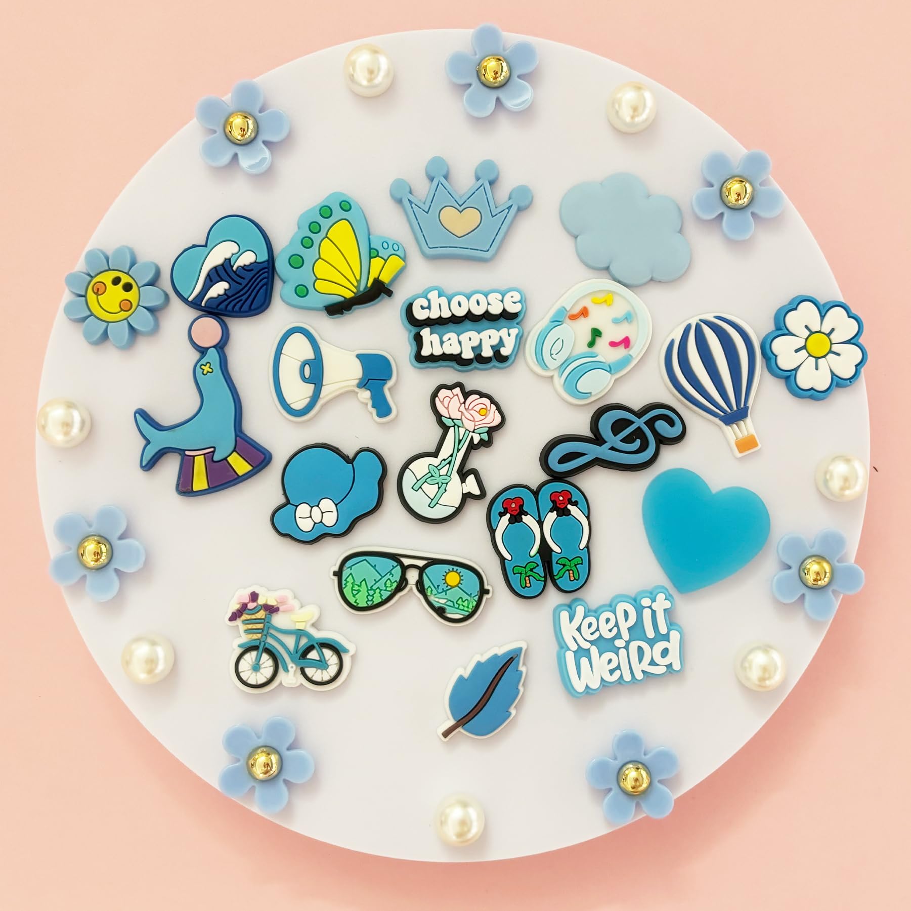 Cute Flower Shoe Charms for Girls, 34Pcs Pink Hippie PVC Shoe Decoration Charms for Clog Sandals, DIY Pearl Accessories for Party Favor