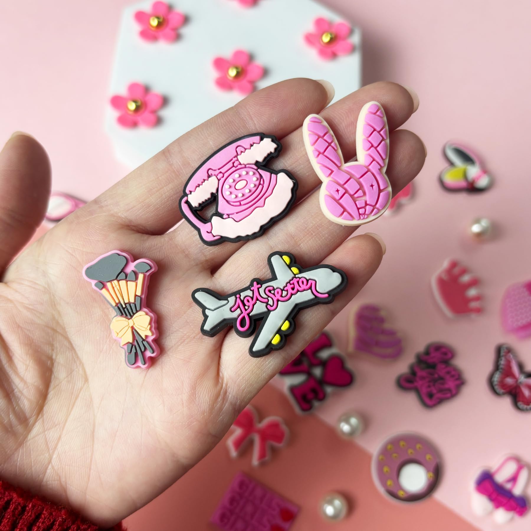 Cute Flower Shoe Charms for Girls, 34Pcs Pink Hippie PVC Shoe Decoration Charms for Clog Sandals, DIY Pearl Accessories for Party Favor