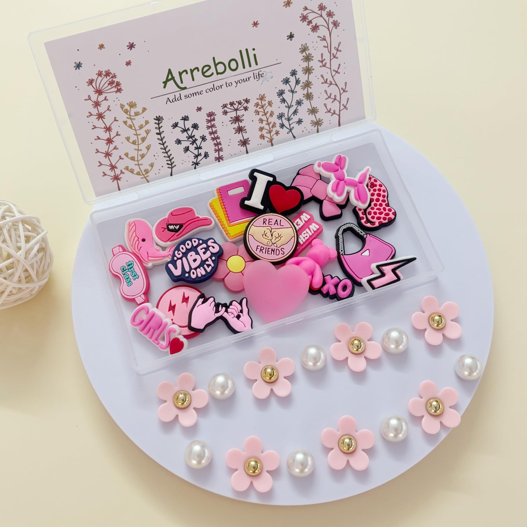 Cute Flower Shoe Charms for Girls, 34Pcs Pink Hippie PVC Shoe Decoration Charms for Clog Sandals, DIY Pearl Accessories for Party Favor