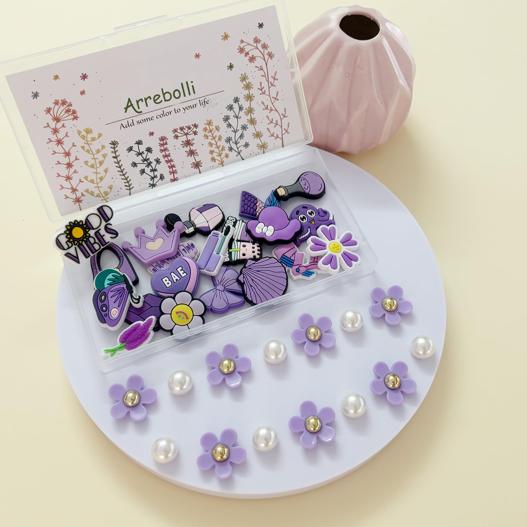 Cute Flower Shoe Charms for Girls, 34Pcs Pink Hippie PVC Shoe Decoration Charms for Clog Sandals, DIY Pearl Accessories for Party Favor