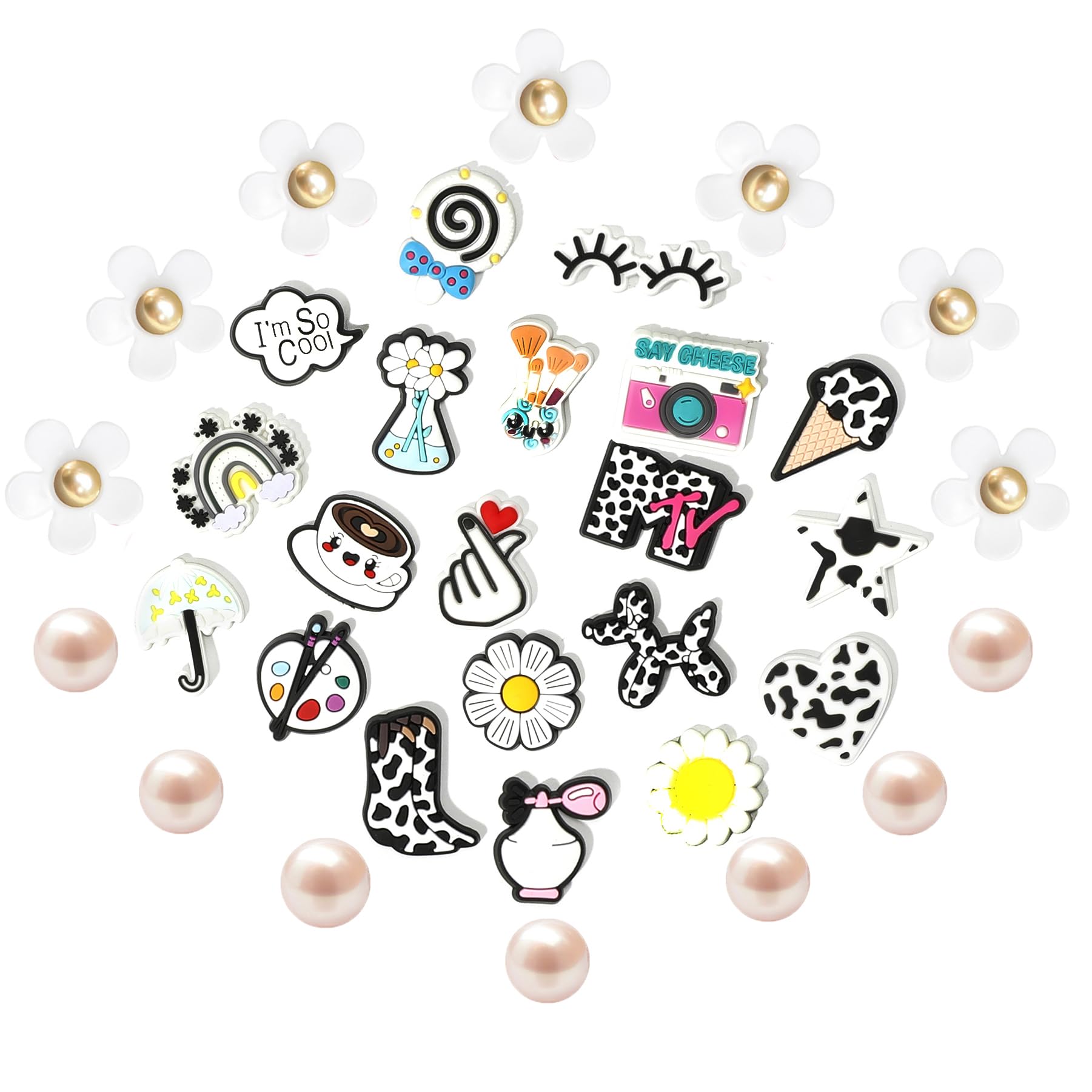 Cute Flower Shoe Charms for Girls, 34Pcs Pink Hippie PVC Shoe Decoration Charms for Clog Sandals, DIY Pearl Accessories for Party Favor