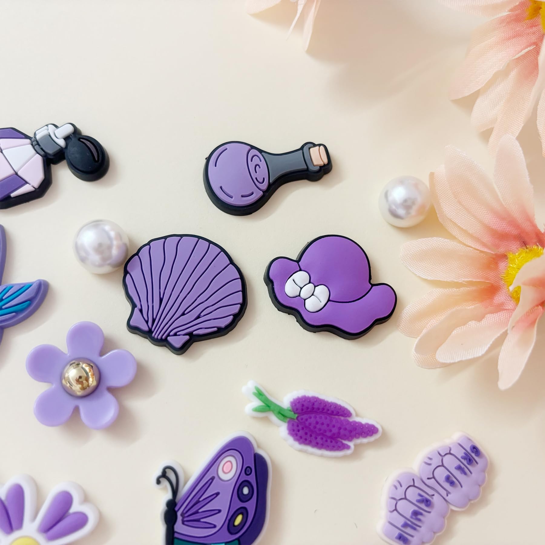 Cute Flower Shoe Charms for Girls, 34Pcs Pink Hippie PVC Shoe Decoration Charms for Clog Sandals, DIY Pearl Accessories for Party Favor