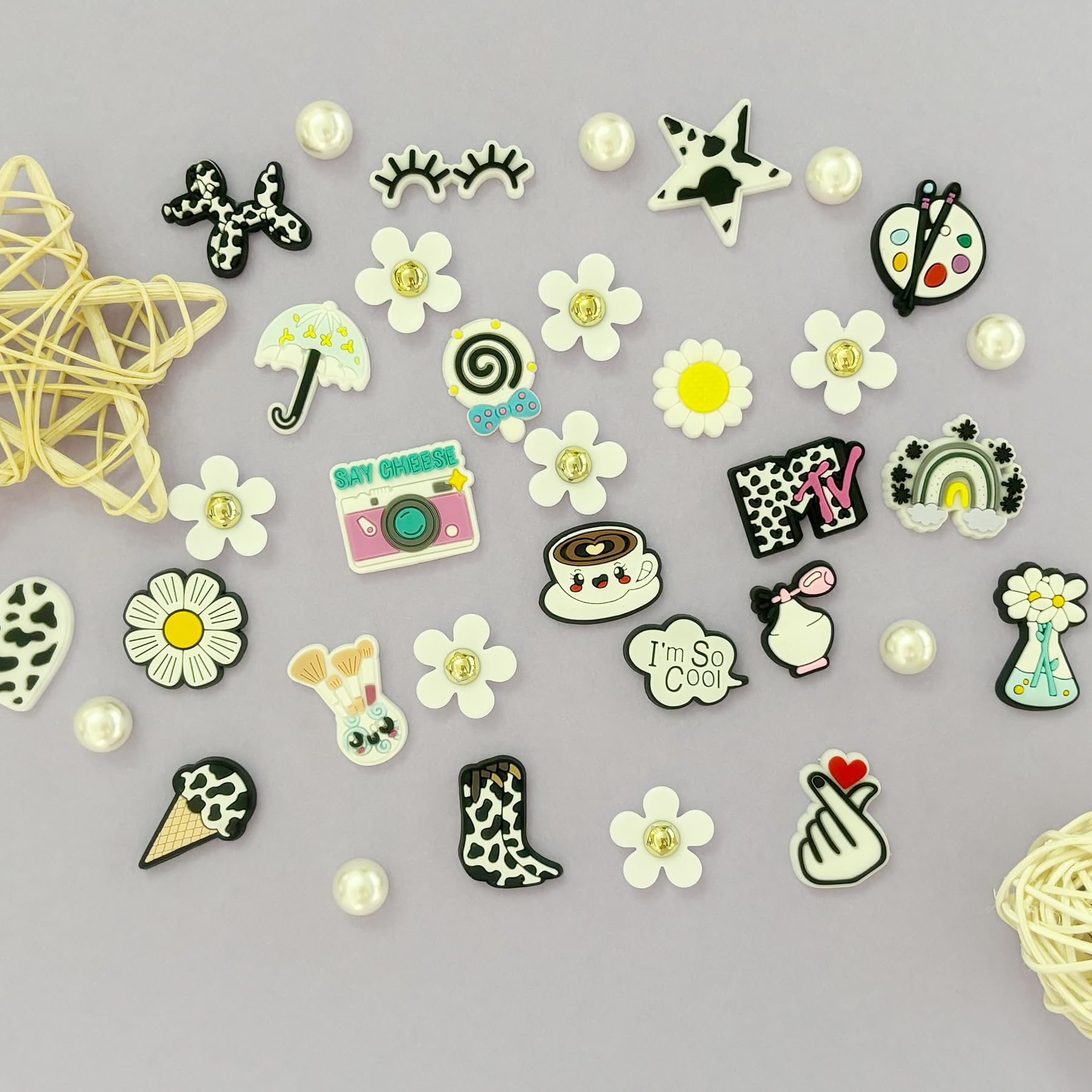 Cute Flower Shoe Charms for Girls, 34Pcs Pink Hippie PVC Shoe Decoration Charms for Clog Sandals, DIY Pearl Accessories for Party Favor