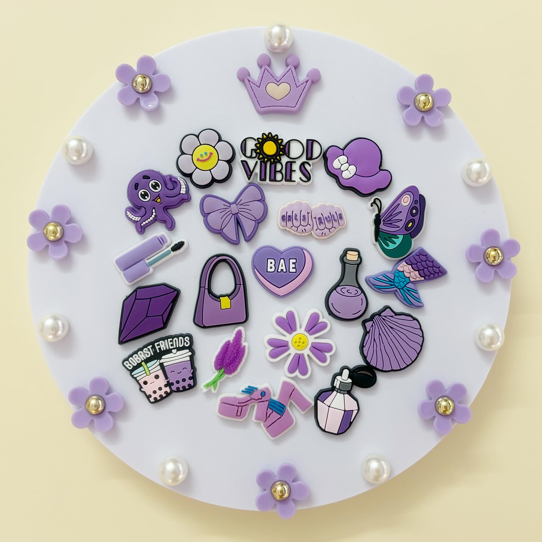 Cute Flower Shoe Charms for Girls, 34Pcs Pink Hippie PVC Shoe Decoration Charms for Clog Sandals, DIY Pearl Accessories for Party Favor