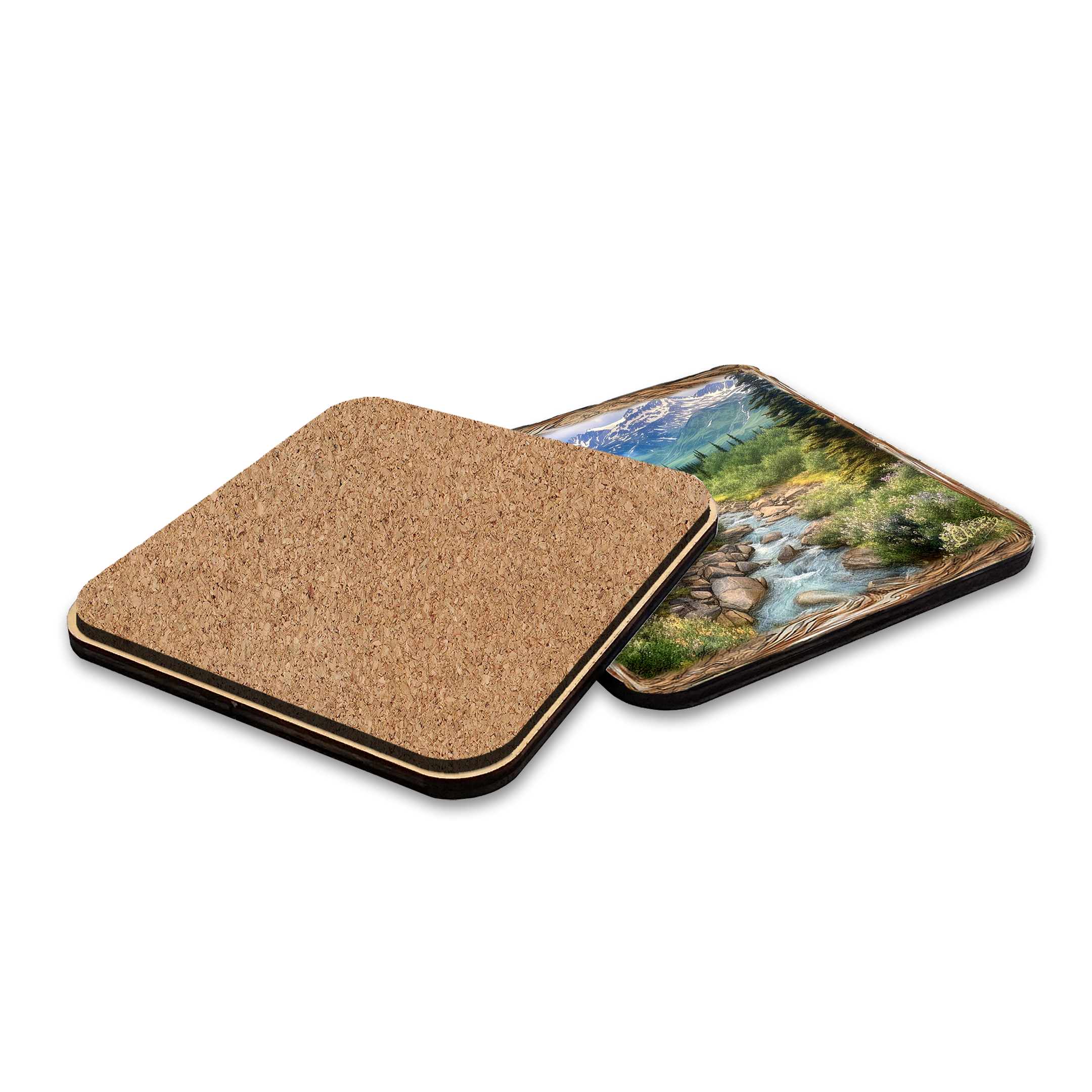 Mountain River Wooden Cork Placemat and Coasters Gift Set of 7 by Nature Wonders Nature Wildlife Decor - 85407C-S7