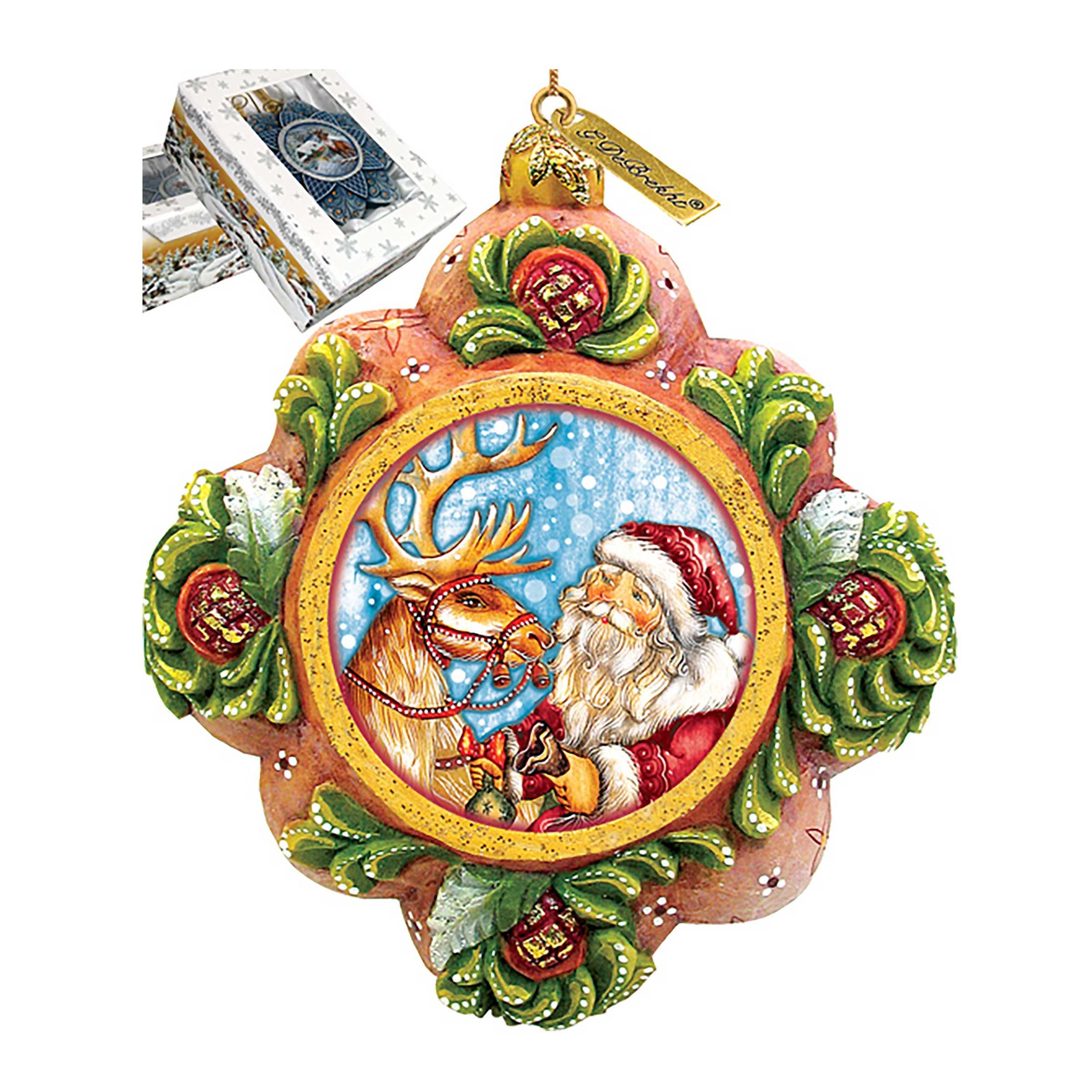 Santa with Reindeer Sculpted Hand-Painted Christmas Ornament by G. DeBrekht - Christmas Santa Snowman Decor - 6102542