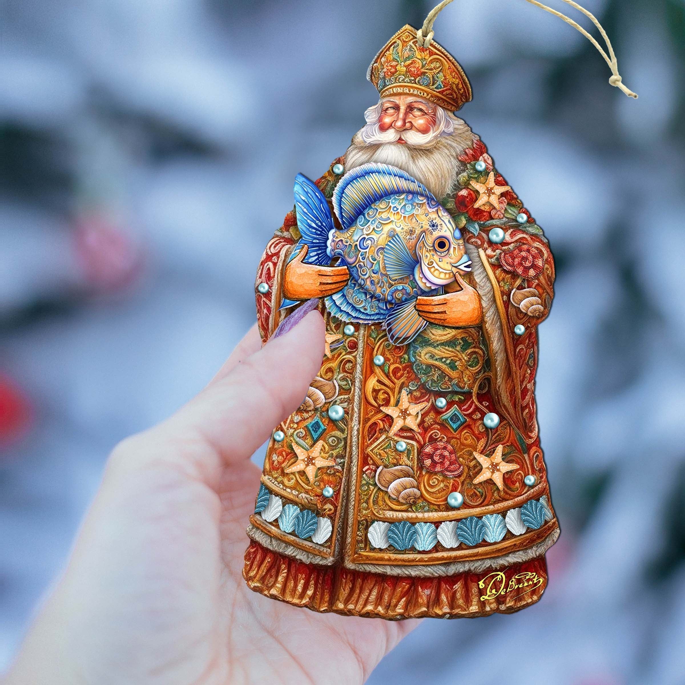 Santa with Fish Wooden Ornaments by G. Debrekht - Christmas Santa Snowman Decor - 8691411
