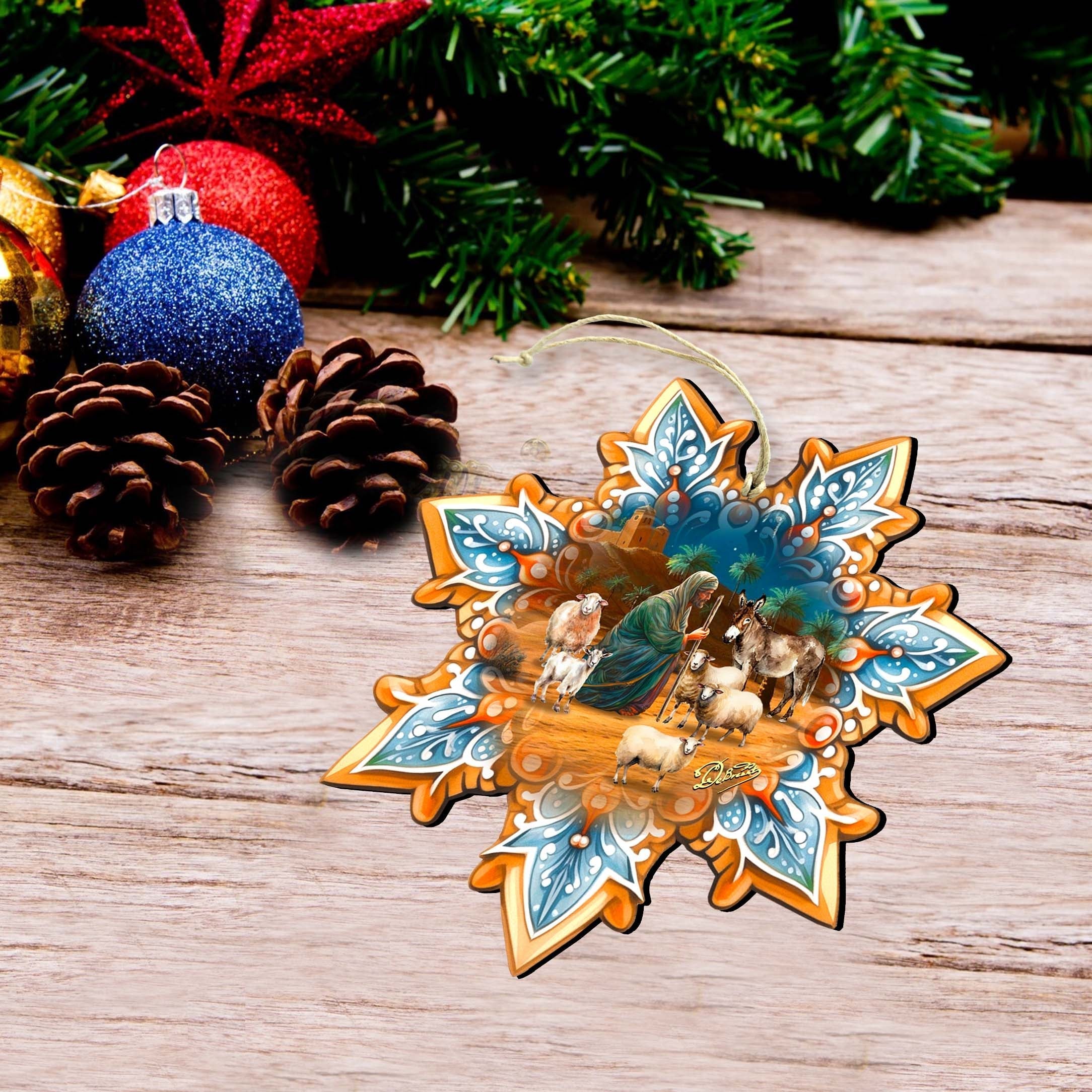 Nativity Snowflake Wooden Ornaments Set of 3 by G. Debrekht - Nativity Holiday Decor - 8090153-S3
