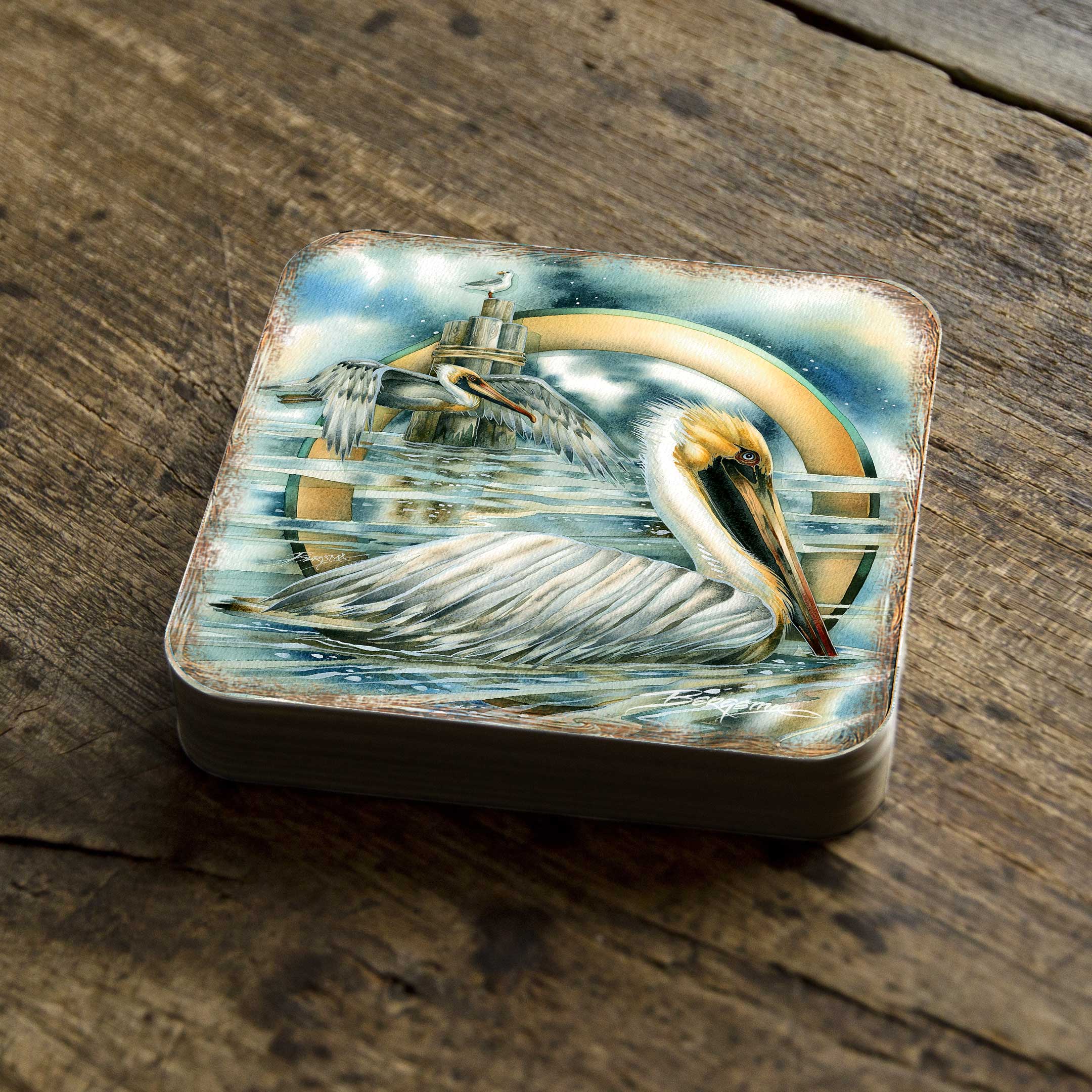 Pelicans Wooden Cork Coasters Gift Set of 4 by J. Bergsma - Coastal Holiday Decor - 8199460C-S4