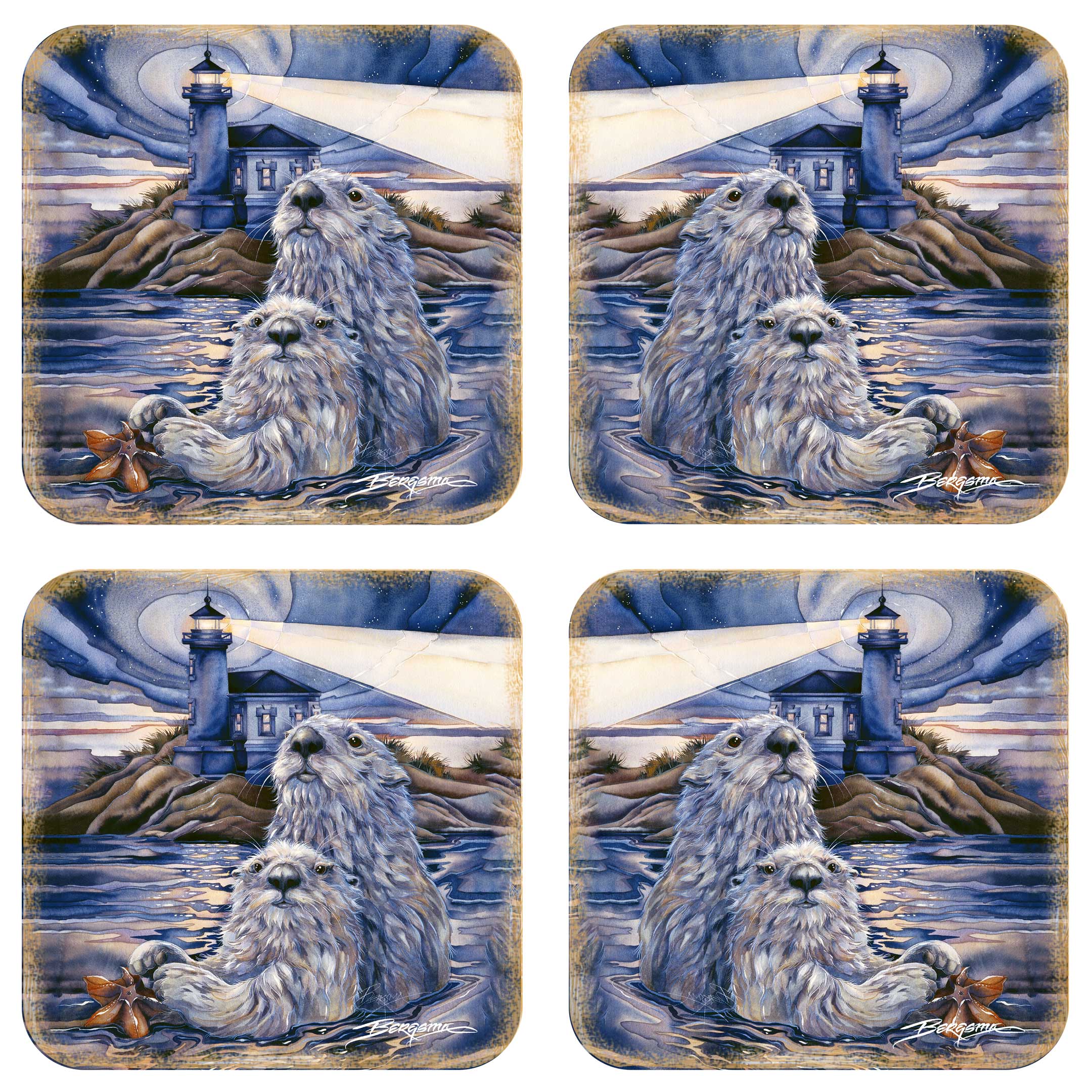 Starlight Otters Wooden Cork Coasters Gift Set of 4 by J. Bergsma - Wildlife Decor - 8199473C-S4