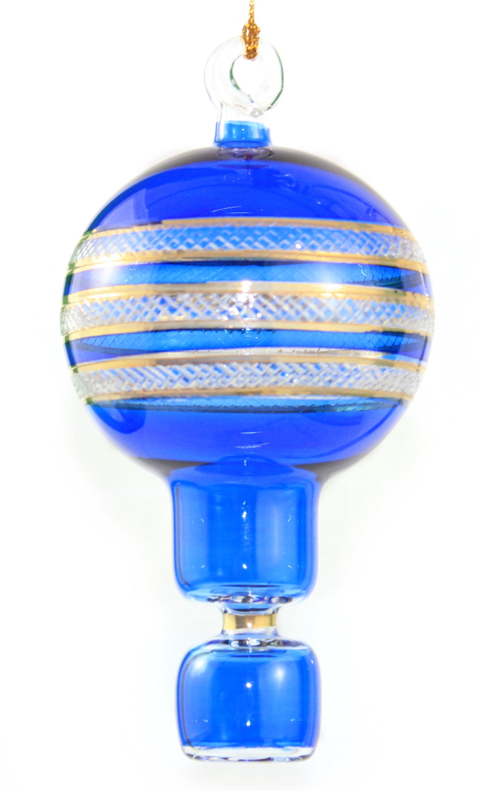 Gold Etched Glass Hot Air Balloon Ornament - Blue