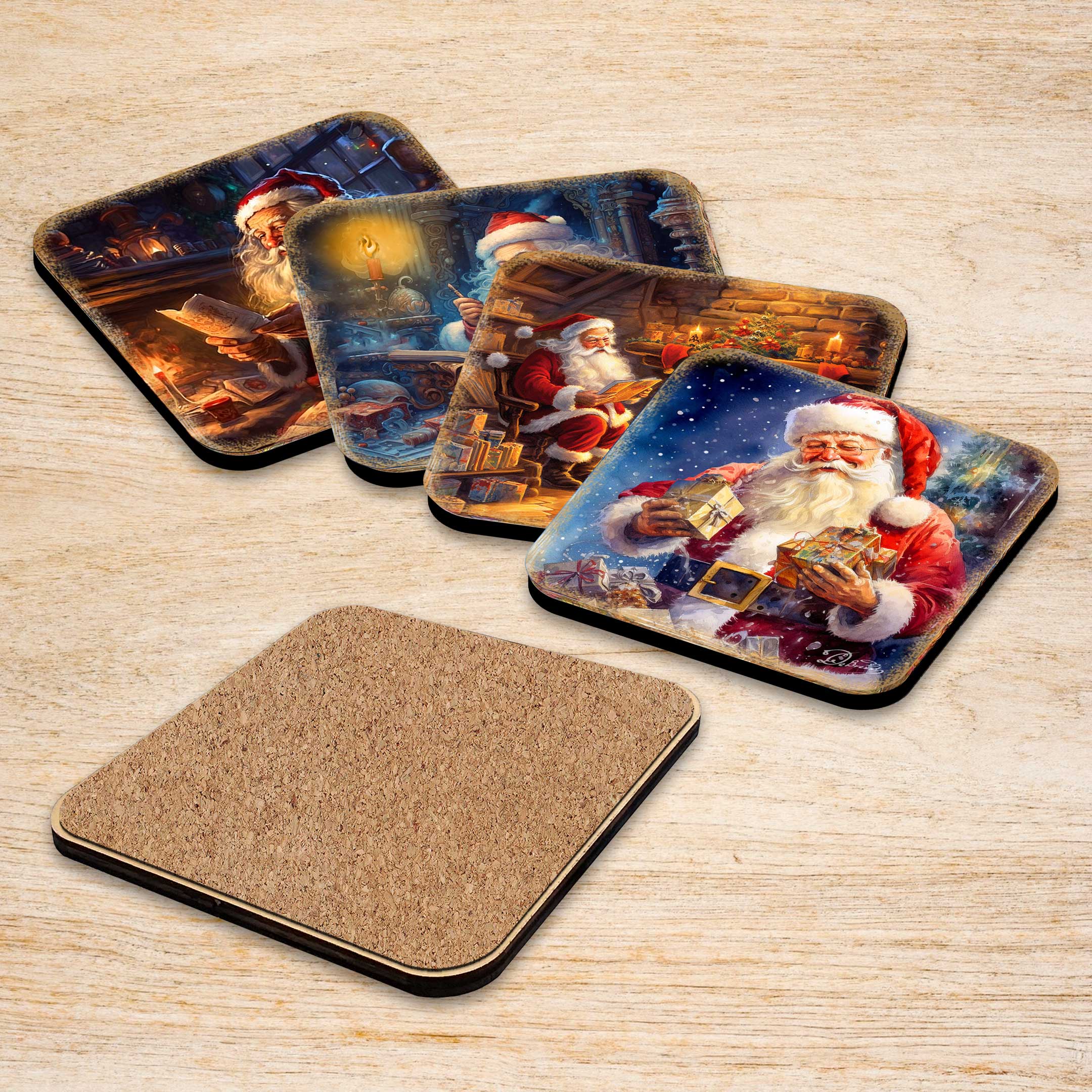 Santa Claus Wooden Cork Coasters Gift Set of 4 by G. Debrekht - Santa Christmas Decor - 8199442C-S4