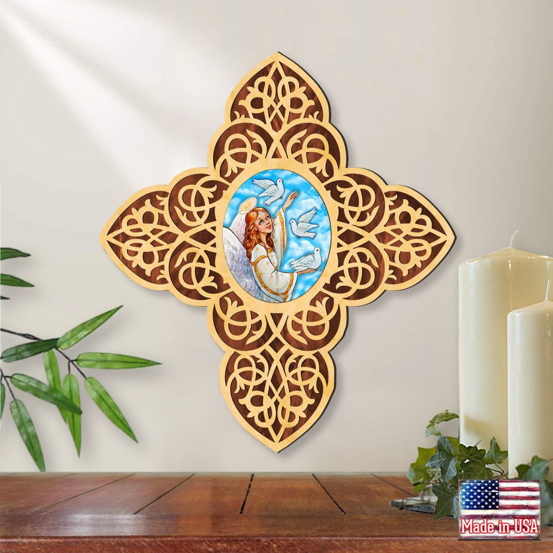Guardian Angel Dove Filigree Wooden Cross by Museum Icons - Inspirational Icon Decor - 88491