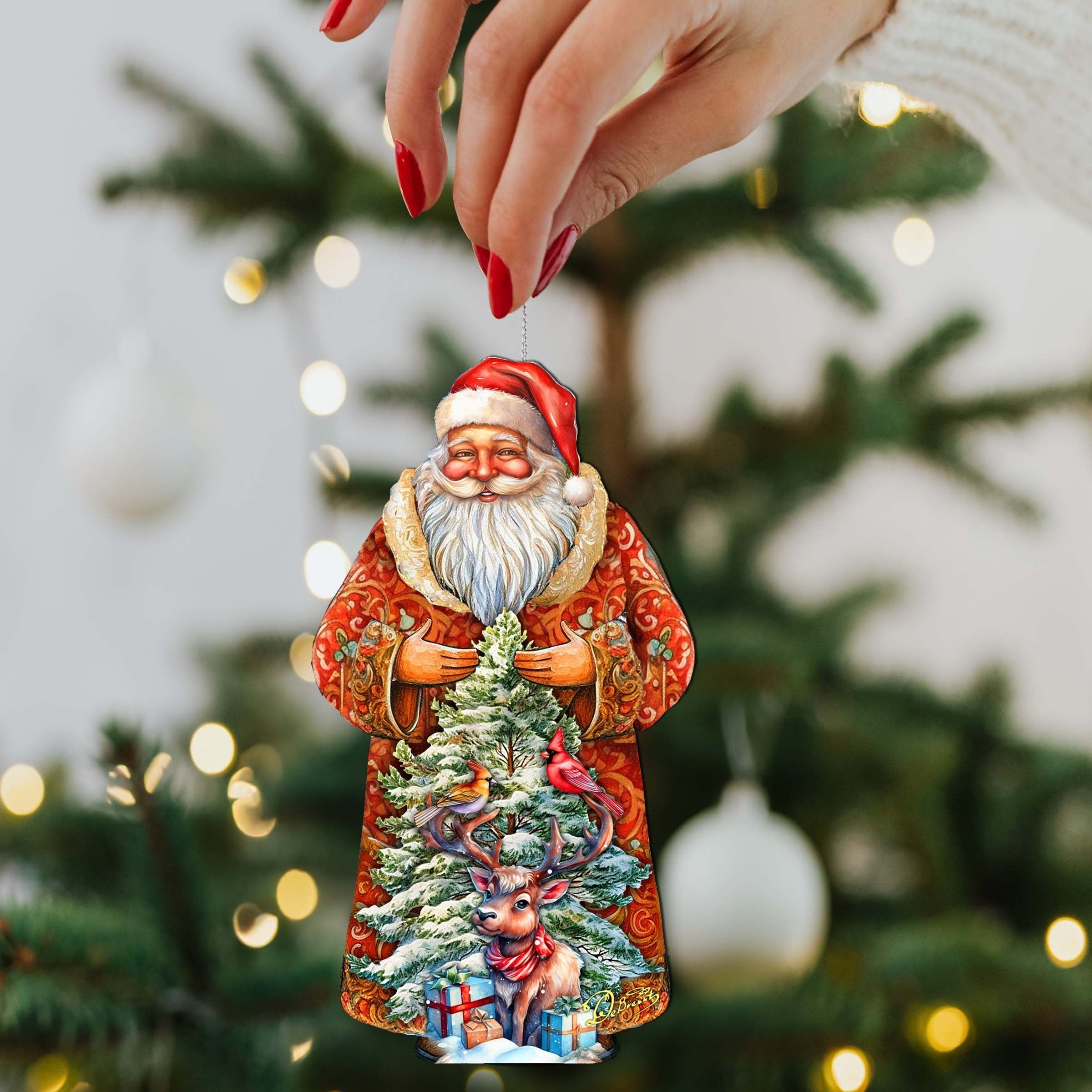 Santa with Forest Friends Wooden Ornaments by G. Debrekht - Christmas Santa Snowman Decor - 8691409