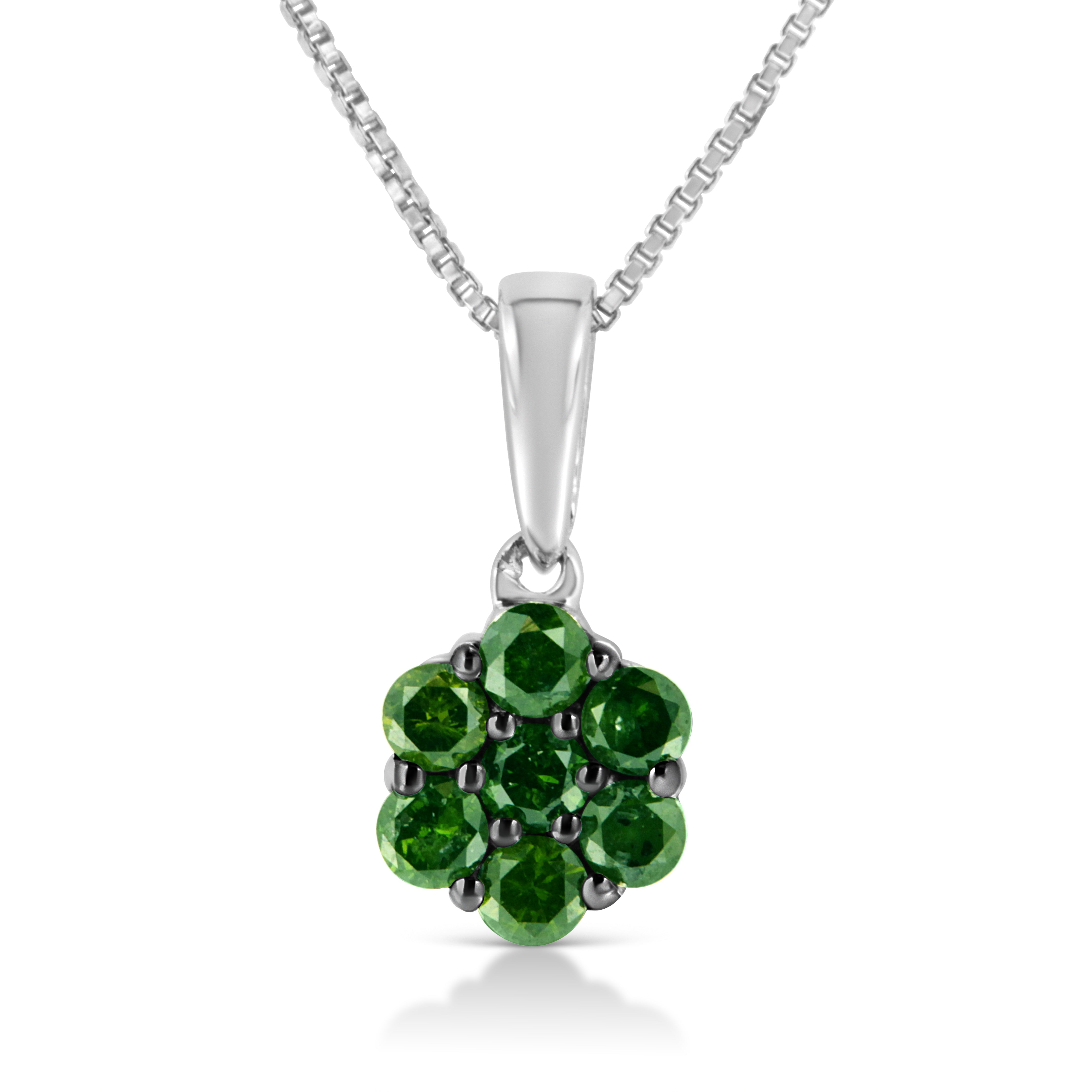 .925 Sterling Silver 1/4 Cttw Color Treated Green Color Prong Set Diamond Floral 18" Pendant Necklace (Green Color, I1-I2 Clarity)