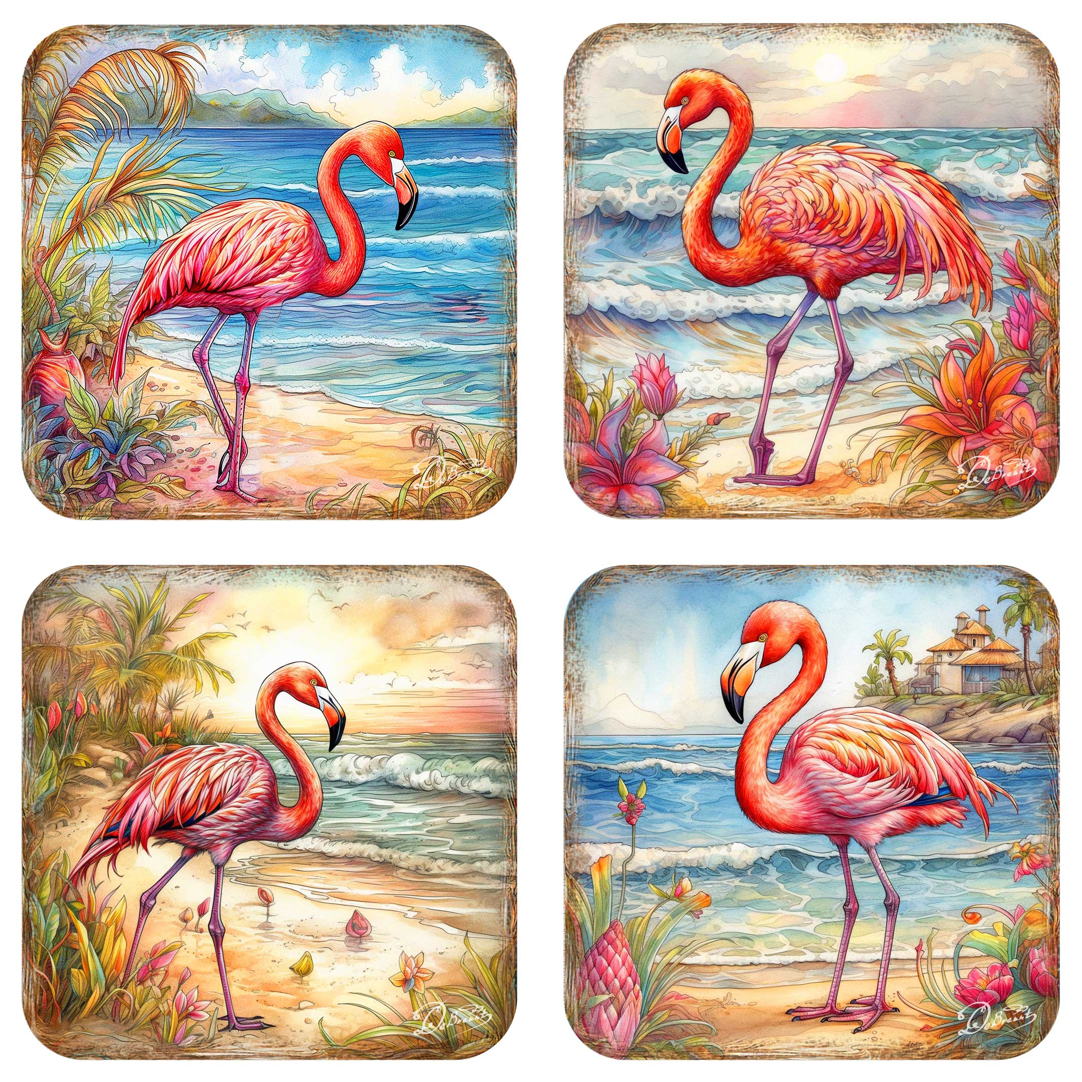 Pink Flamingo Wooden Cork Coasters Gift Set of 4 by G. Debrekht - Coastal Decor - 8199440C-S4