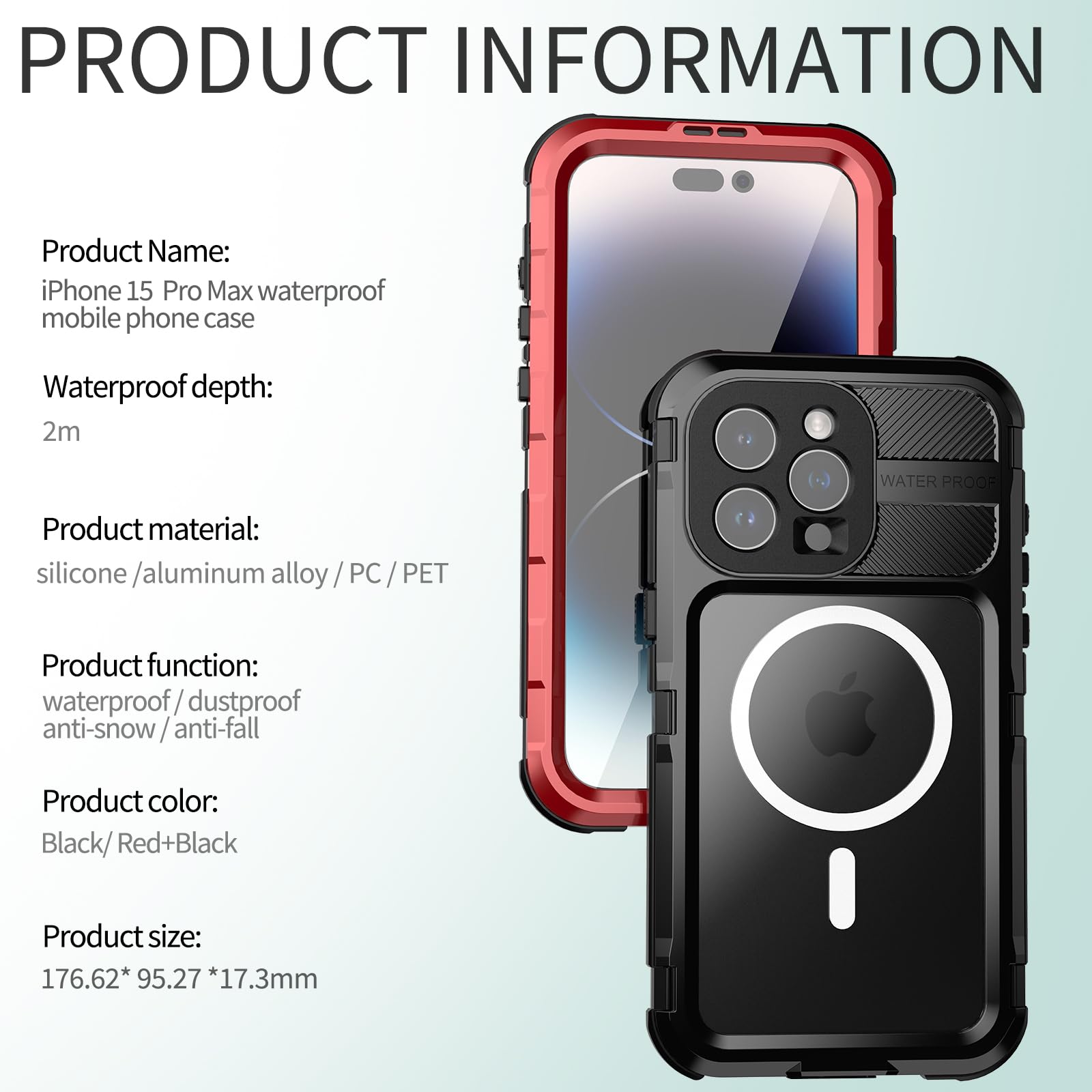 Designed for iPhone 15 Pro Max Metal Waterproof Case with Built-in Screen Protector, Metal Tough Cover Shockproof Dustproof Sturdy Durable Protective Case for iPhone 15 Pro Max