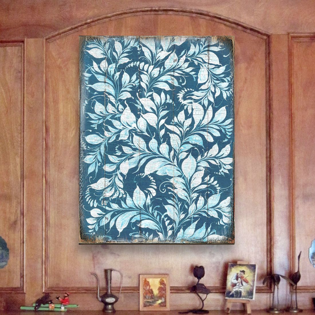 White and Blue Floral Rustic Wooden Wall Art by G. DeBrekht - Floral Ornamental Decor - 95005B