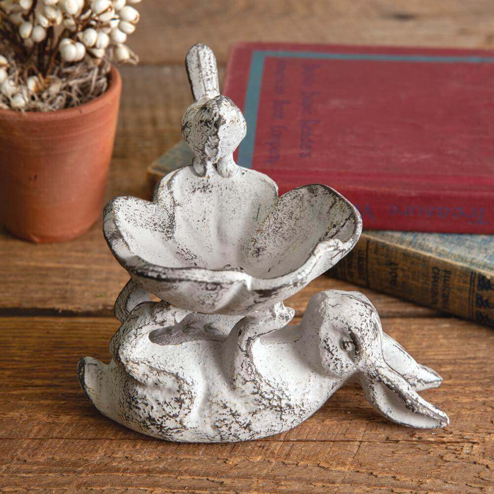 Cottagecore Distressed Bunny and Bird Statue with Dish