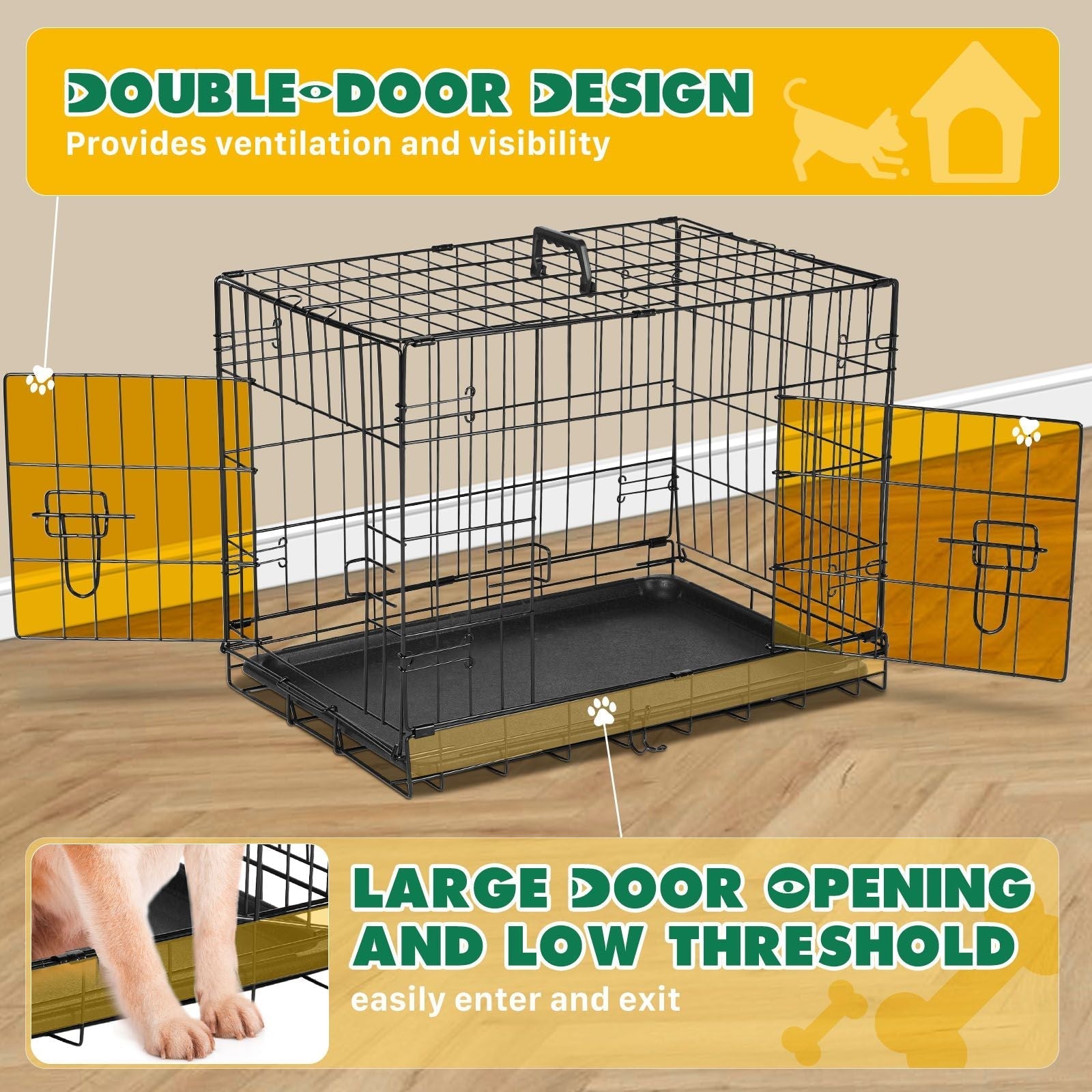 Dog Crate with Divider Panel,30 Inch Double Door Folding Metal Wire Dog Cage with Plastic Leak-Proof Pan Tray, Pet Kennel for Indoor