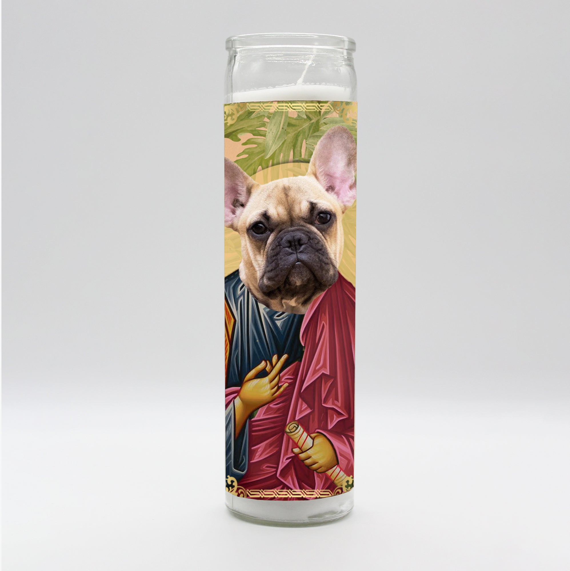 Saint Frenchie Terrier Dog Candle by BOBBYK