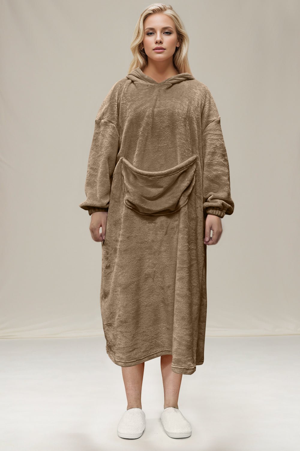 Double Take Full Size Pocketed Hooded Midi Lounge Dress from S to 3XL 100% polyerter