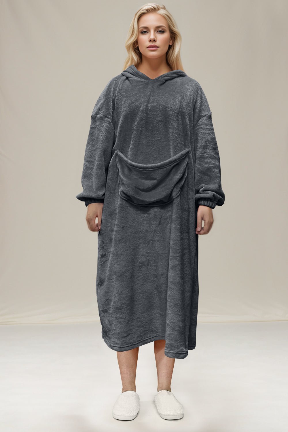 Double Take Full Size Pocketed Hooded Midi Lounge Dress from S to 3XL 100% polyerter