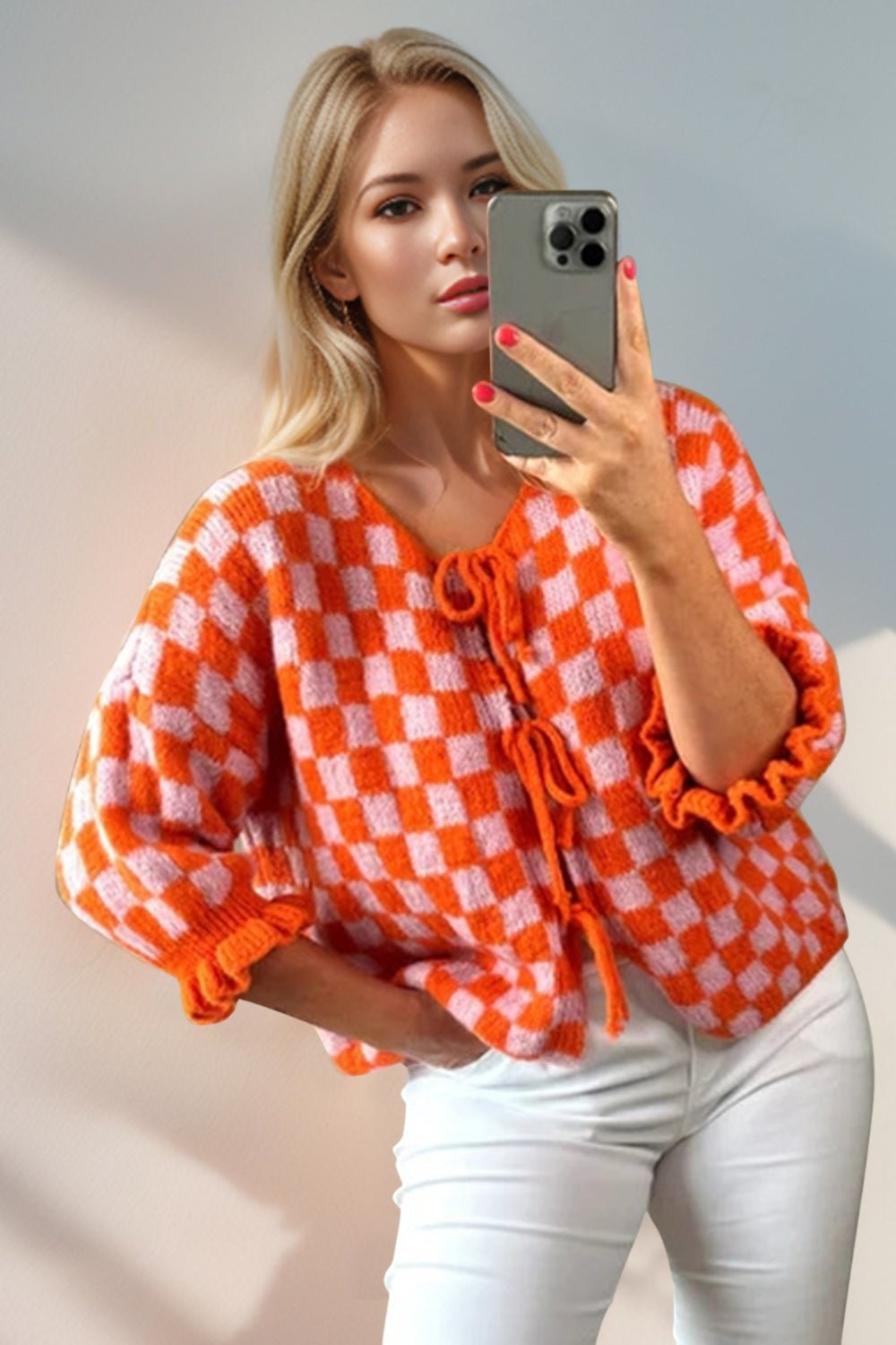 Double Take Tied Checkered Dropped Shoulder Flounce Sleeve Cardigan from S to XL