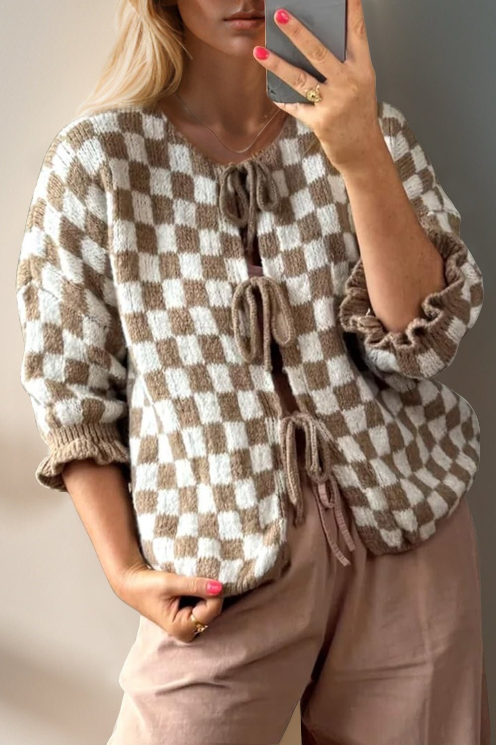 Double Take Tied Checkered Dropped Shoulder Flounce Sleeve Cardigan from S to XL