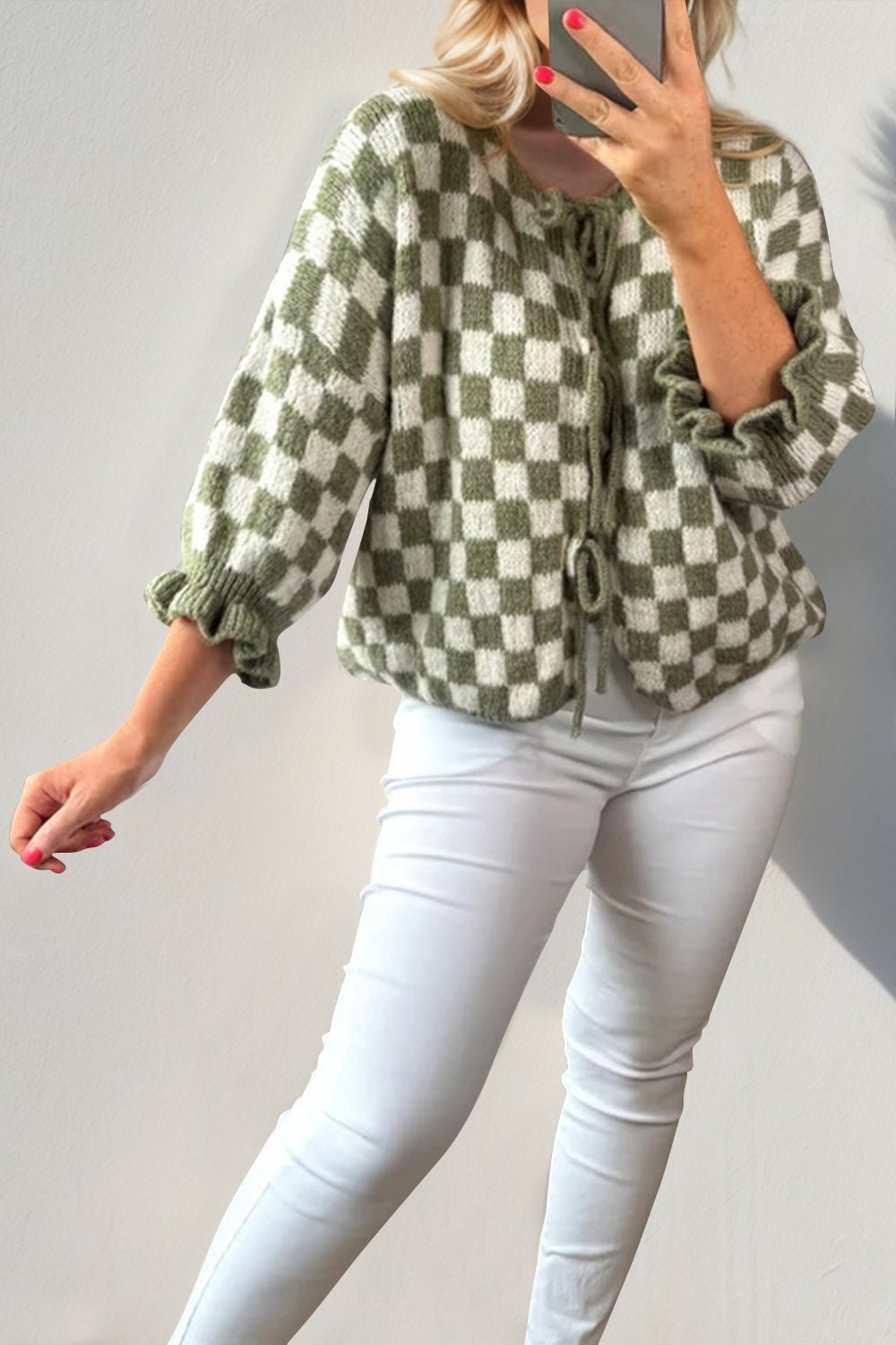 Double Take Tied Checkered Dropped Shoulder Flounce Sleeve Cardigan from S to XL