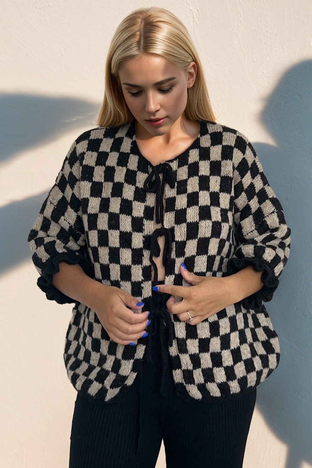 Double Take Tied Checkered Dropped Shoulder Flounce Sleeve Cardigan from S to XL