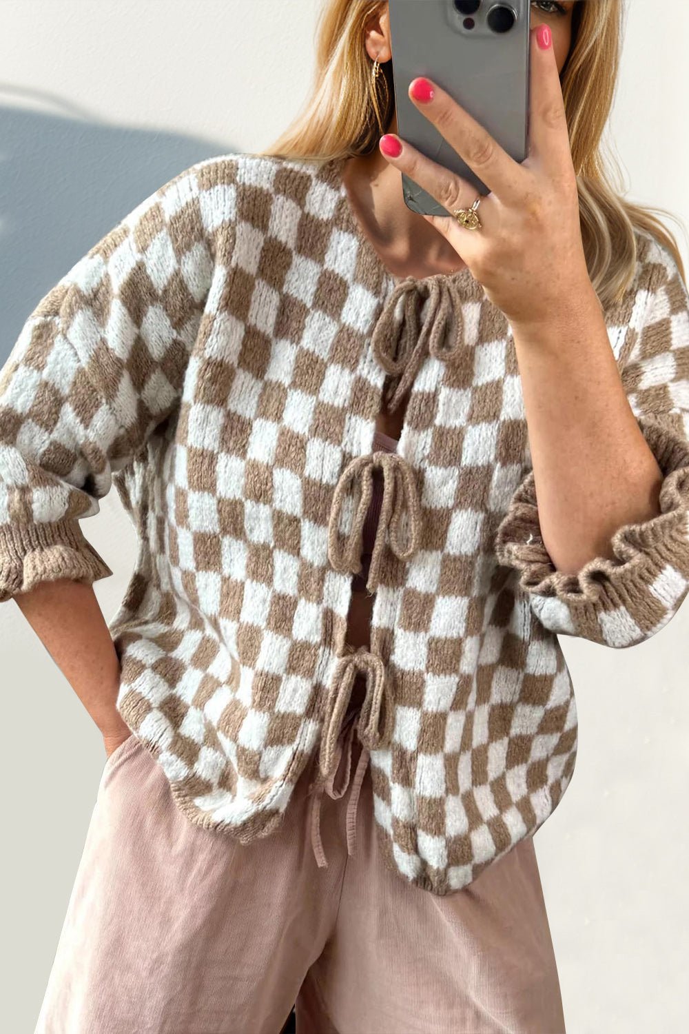 Double Take Tied Checkered Dropped Shoulder Flounce Sleeve Cardigan from S to XL