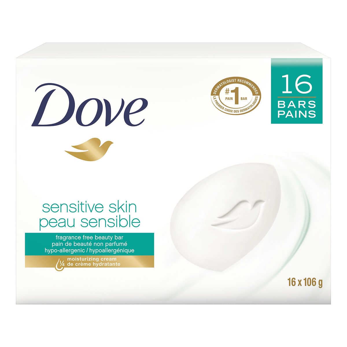 Dove Beauty Bar Soap Sensitive, 8 Bars for Sensitive Skin, Fragrance Free and Hypoallergenic 3.75 oz