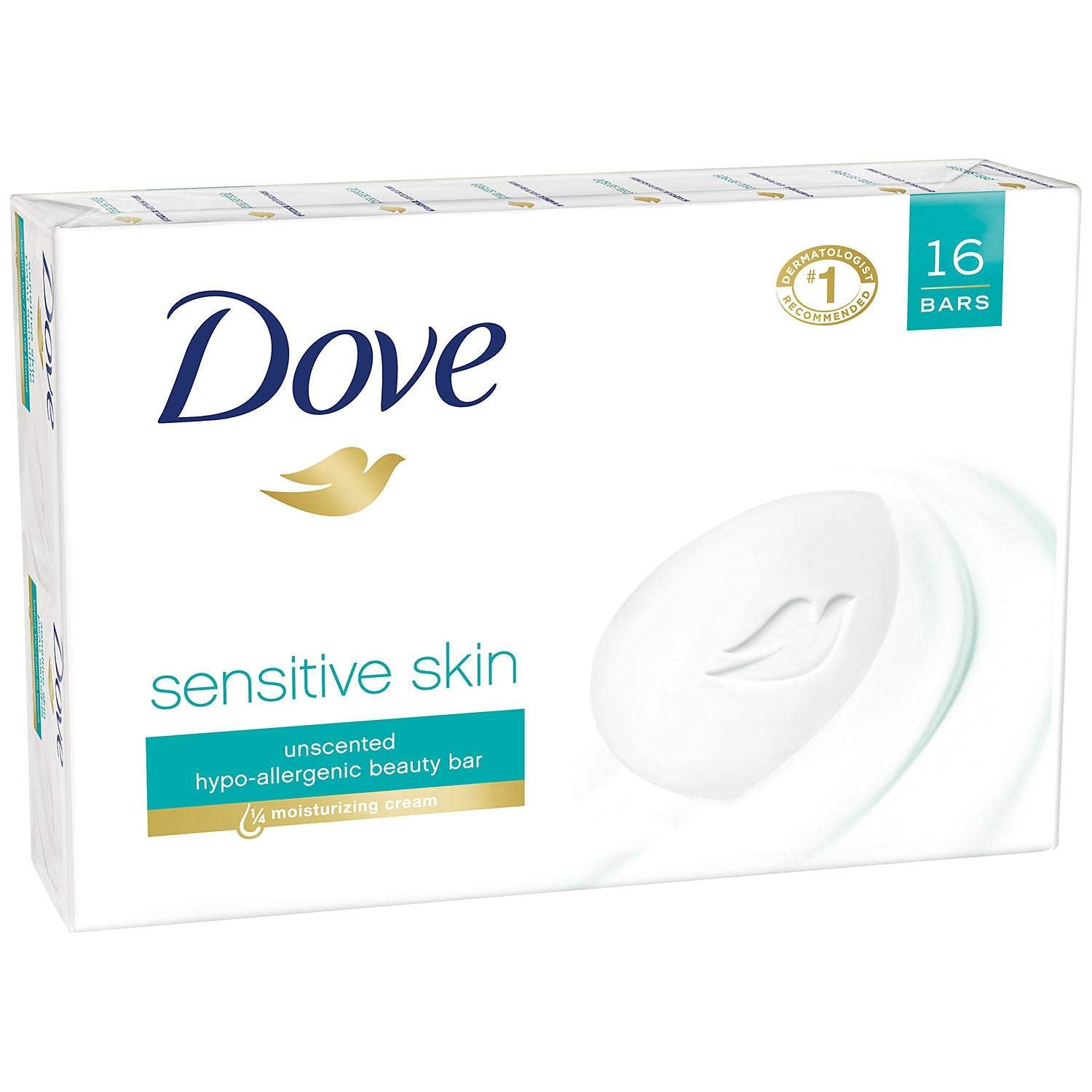 Dove Beauty Bar Soap Sensitive, 8 Bars for Sensitive Skin, Fragrance Free and Hypoallergenic 3.75 oz