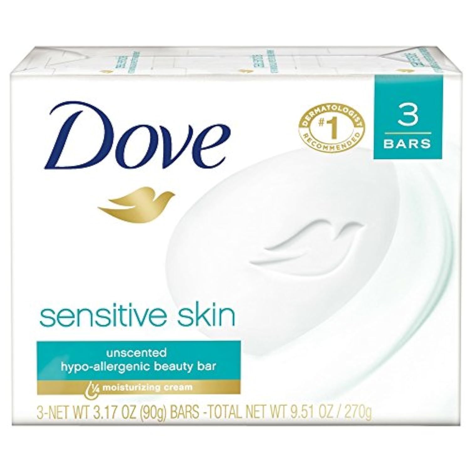 Dove Beauty Bar Soap Sensitive, 8 Bars for Sensitive Skin, Fragrance Free and Hypoallergenic 3.75 oz