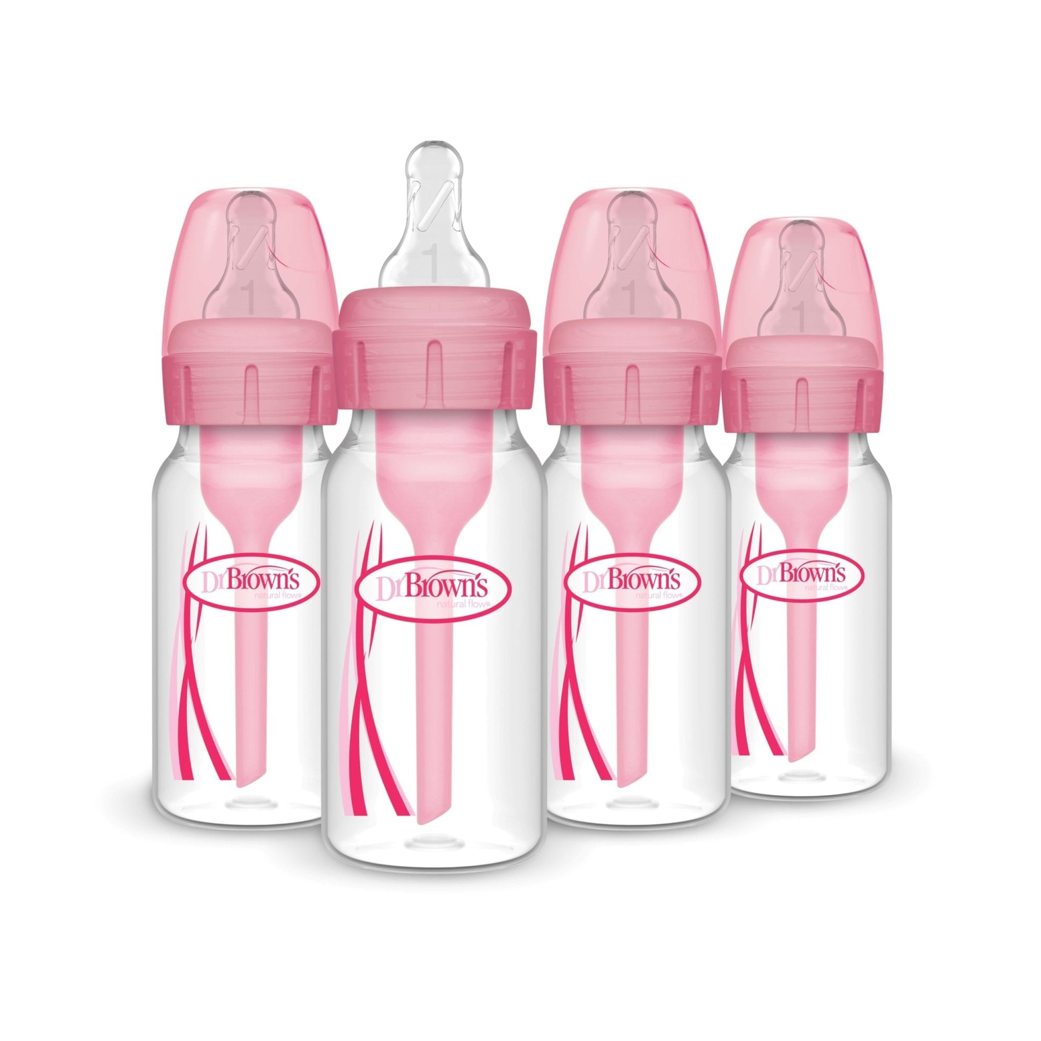 Dr. Brown's Natural Flow Anti-Colic Options+ Narrow Baby Bottle, 8 oz/250 mL, with Level 1 Slow Flow Nipples, 0m+, 4 Pack