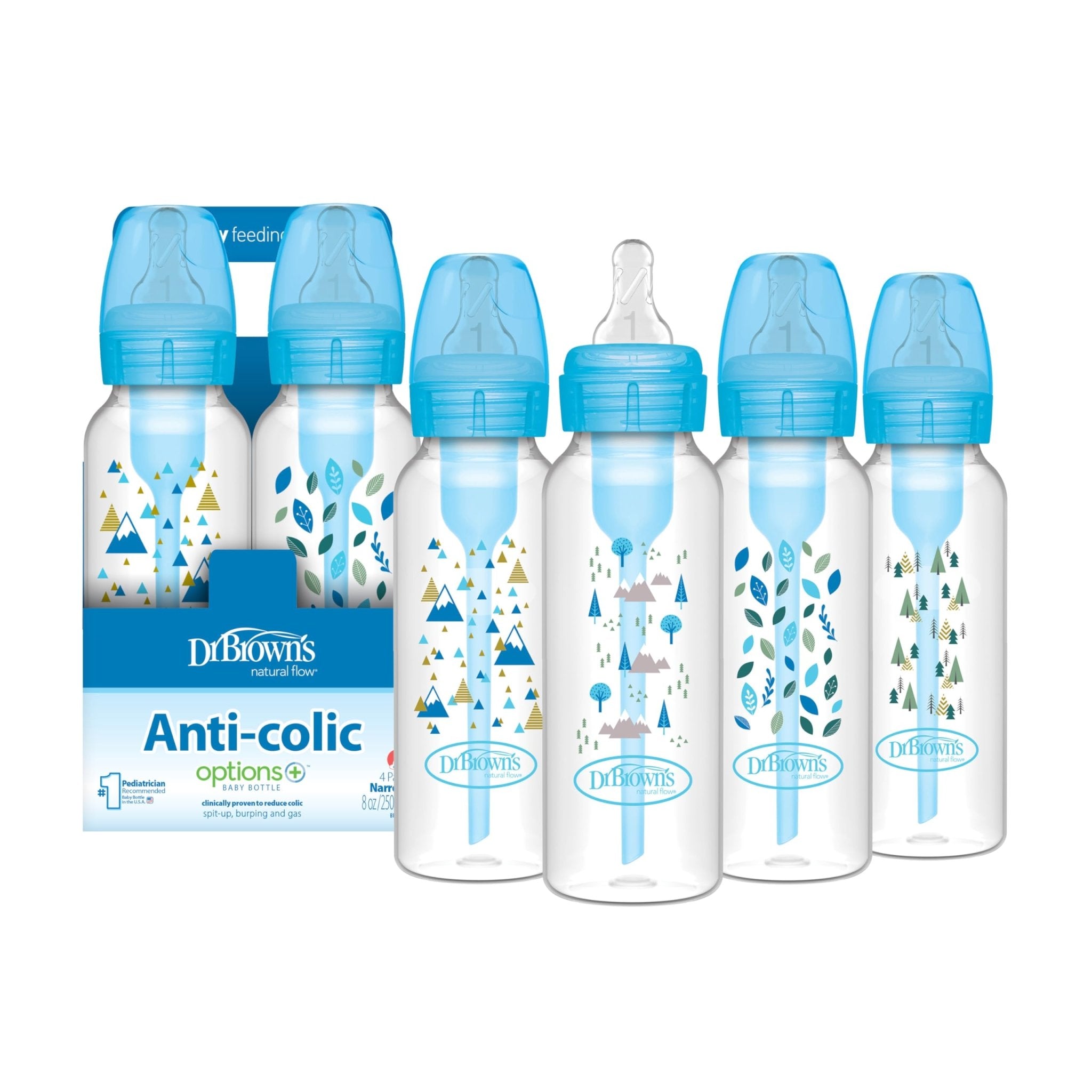 Dr. Brown's Natural Flow Anti-Colic Options+ Narrow Baby Bottle, 8 oz/250 mL, with Level 1 Slow Flow Nipples, 0m+, 4 Pack