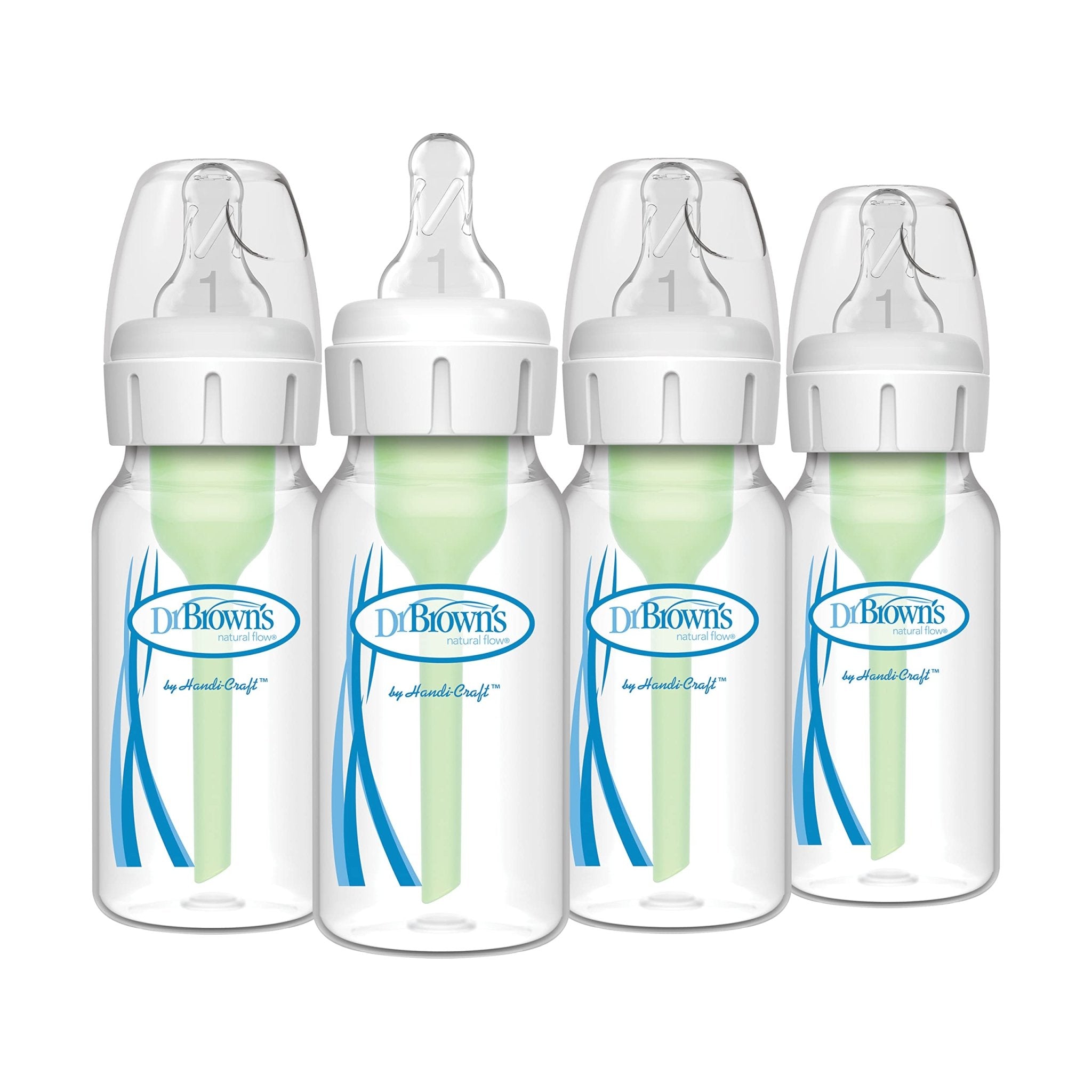 Dr. Brown's Natural Flow Anti-Colic Options+ Narrow Baby Bottle, 8 oz/250 mL, with Level 1 Slow Flow Nipples, 0m+, 4 Pack
