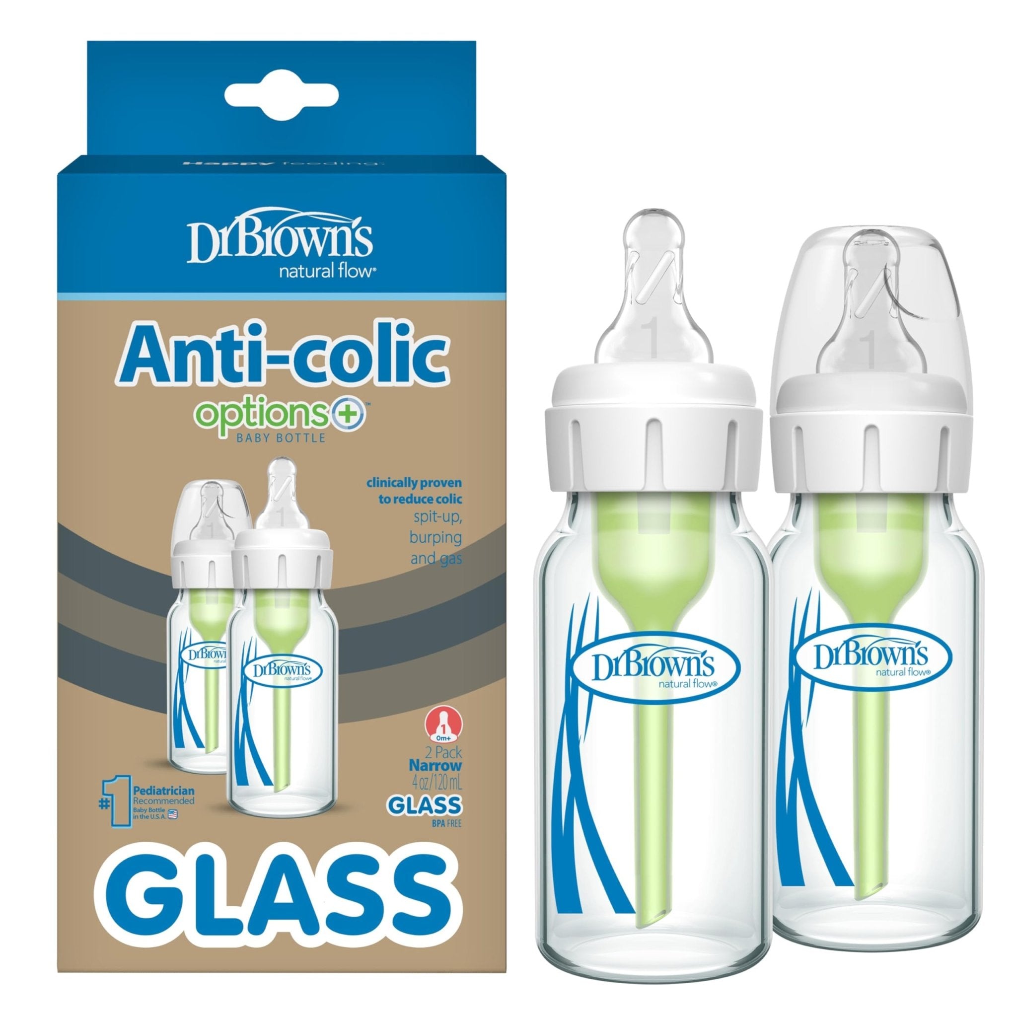 Dr. Brown's Natural Flow Anti-Colic Options+ Narrow Glass Baby Bottle 8 oz/250 mL, with Level 1 Slow Flow Nipple, 2 Pack, 0m+