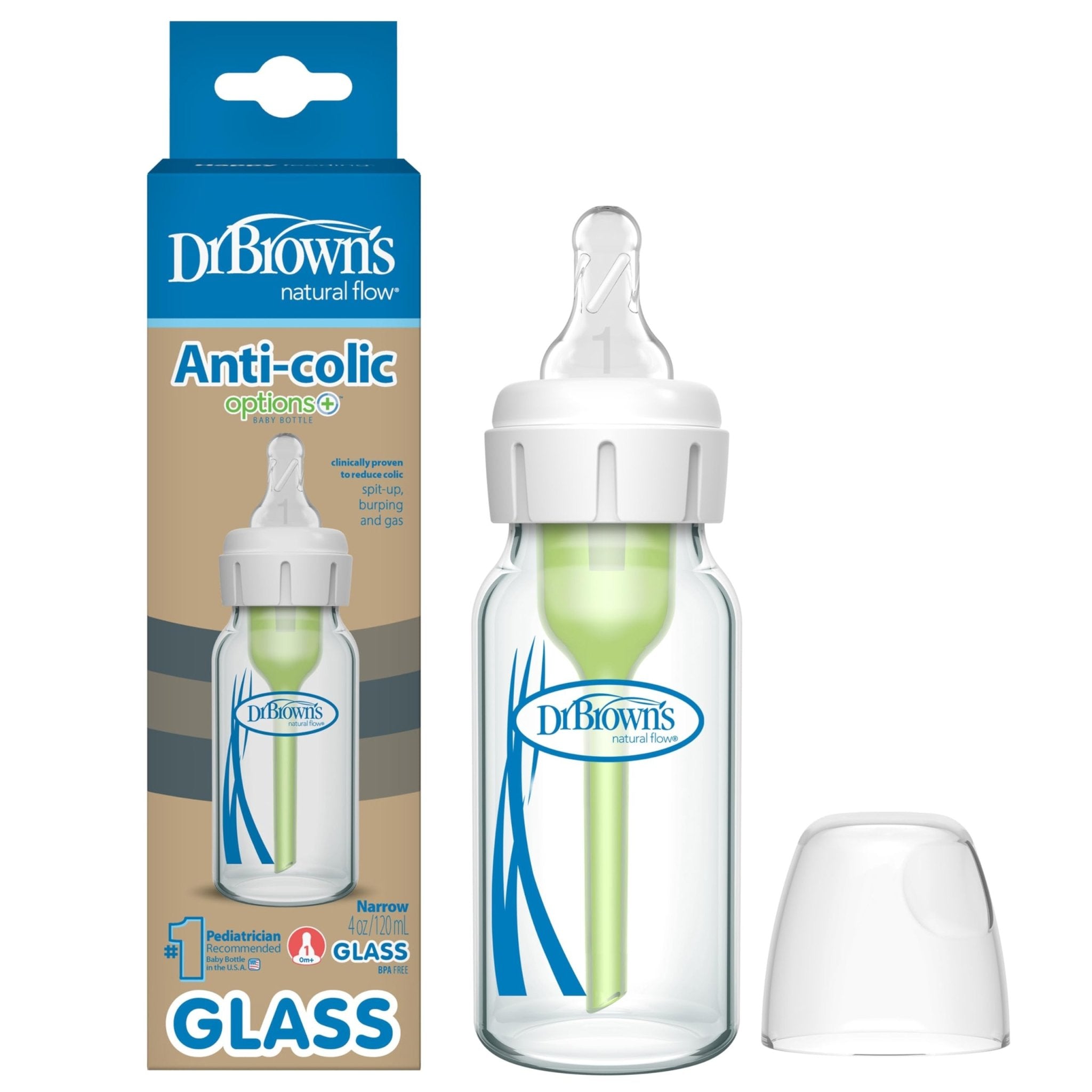 Dr. Brown's Natural Flow Anti-Colic Options+ Narrow Glass Baby Bottle 8 oz/250 mL, with Level 1 Slow Flow Nipple, 2 Pack, 0m+
